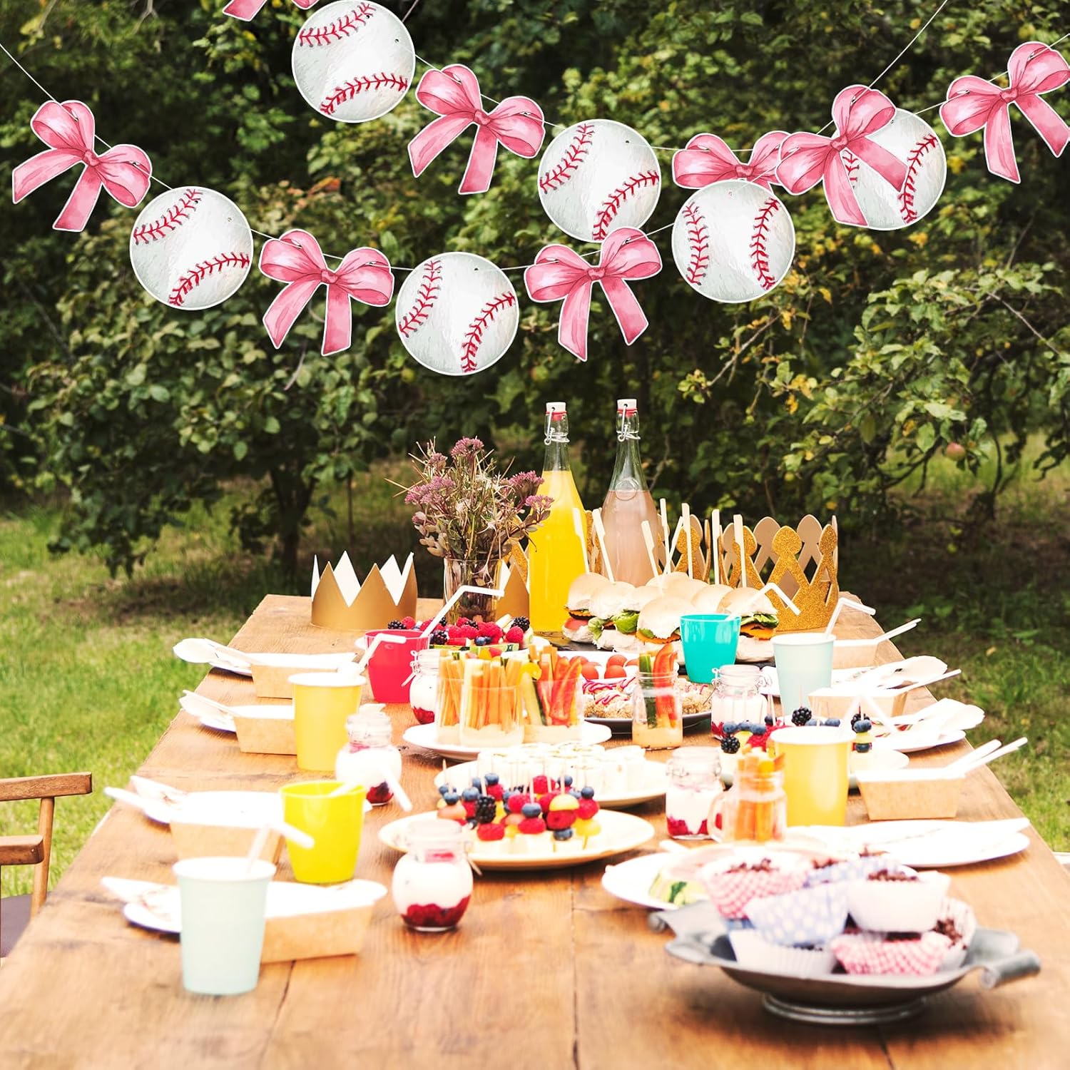 2 Pcs Pink Baseball Party Decorations, Pink Baseball Bow Garland Banner, Sports Theme Baseballs Hanging Banner Garland for Sport Theme Classroom Party Decorations Supplies