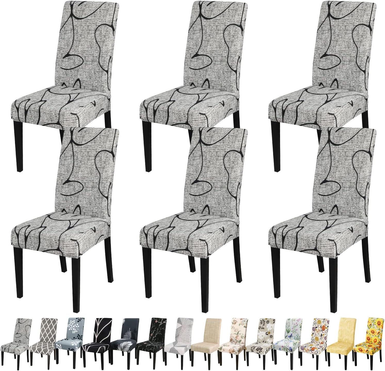 JQinHome Pattern Chair Covers for Dining Room Set of 6, High Stretch Removable Washable Parsons Chair Slipcover for Home Party Hotel Wedding Ceremony (6PCS, Lotus Gray) Pack of 6 C001 Lotus Gray