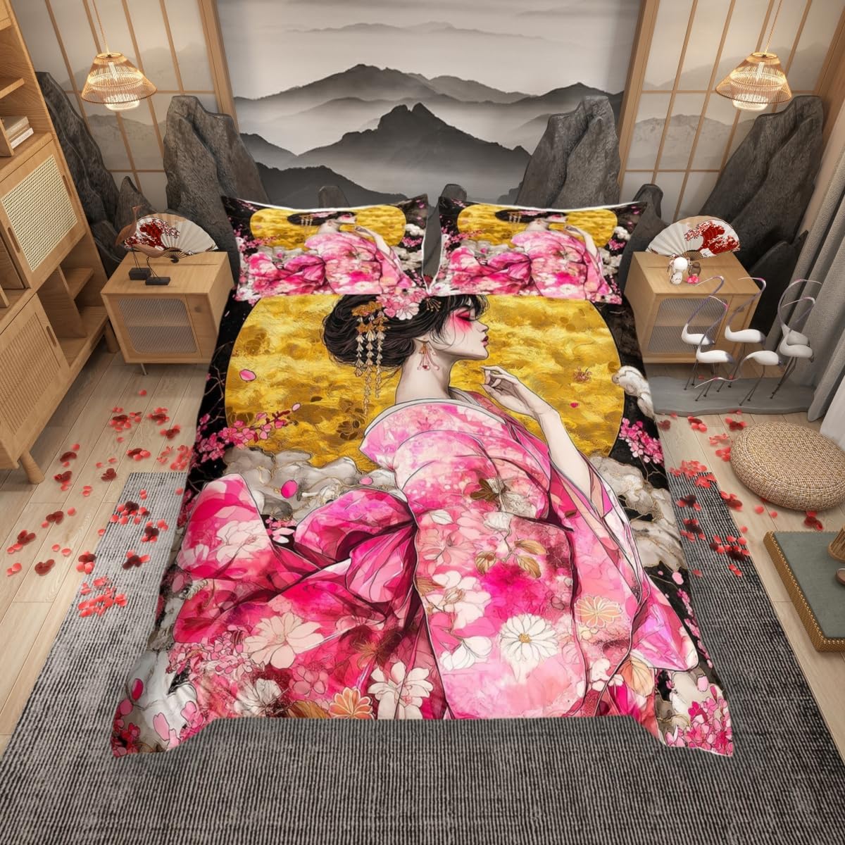 feelingyou Girls Japanese Style Duvet Cover Super King,Geisha Girl Soft Bedding Set,Ukiyoe Style Moonlit Night Comforter Cover Bedding 3 Piece (No Comforter),Cherry Blossom Quilt Cover,2 Pillowcases