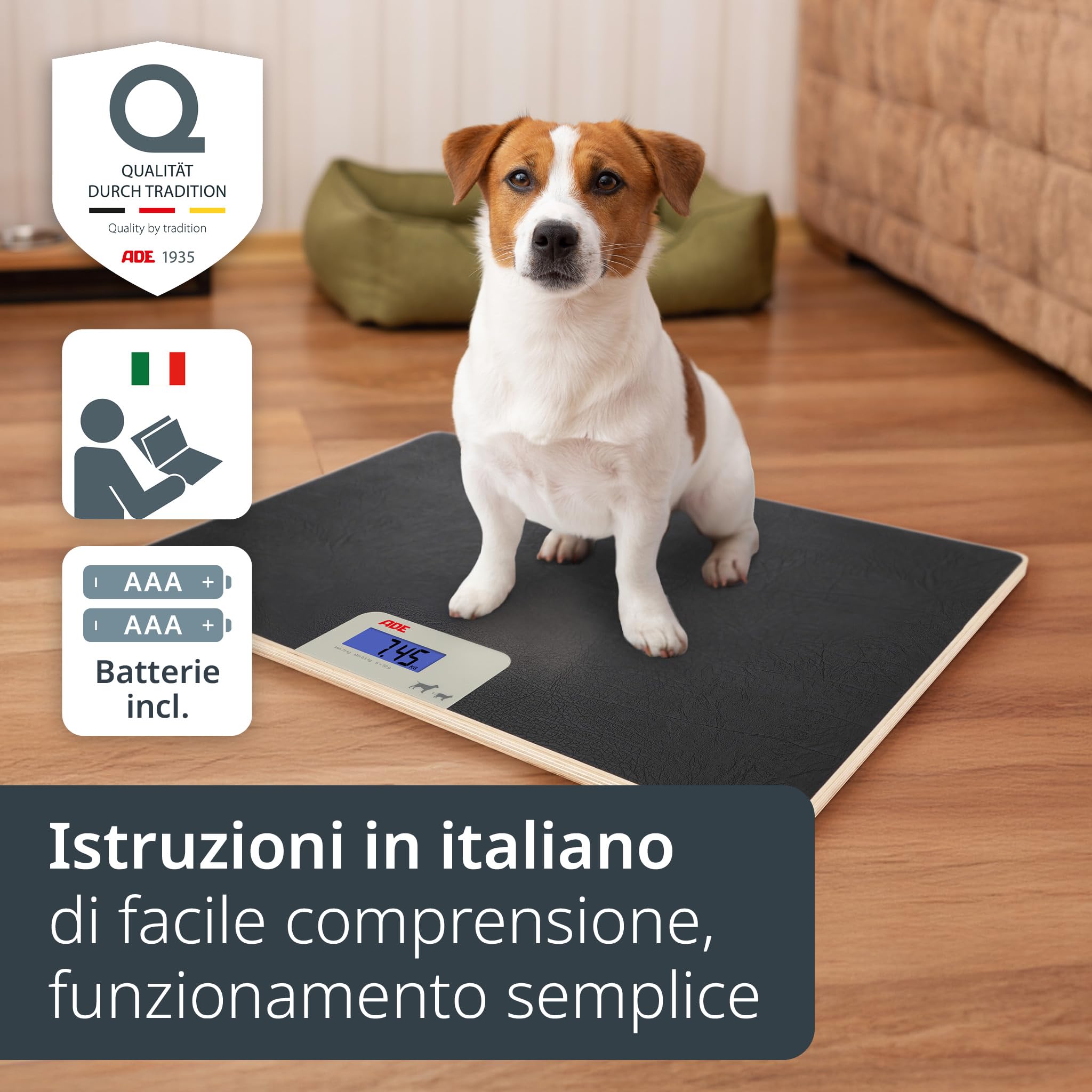 ADE Bilancia digitale per animali fino a 75 kg, bilancia per cani con gradini da 50 g, per animali domestici di piccole e medie dimensioni, superficie adatta alle zampe, anche come bilancia per gatti