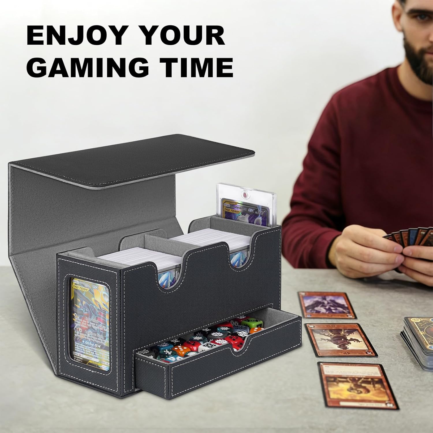 Card Deck Box for MTG Commander, Deck Display Case Holds 200+ Double-Sleeved Cards, 35pt Card Brick & Dice Tray, Storage Box For TCG CCG Sports, Black&Gray