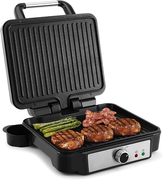 YASHE Panini Naciśnij do kanapek, 4-warstwowy grill Panini z powłoką zapobiegającą przywieraniu, z regulacją temperatury, otwiera 180 stopni, wyjmowana tacka ociekowa, 1800 W, stal nierdzewna