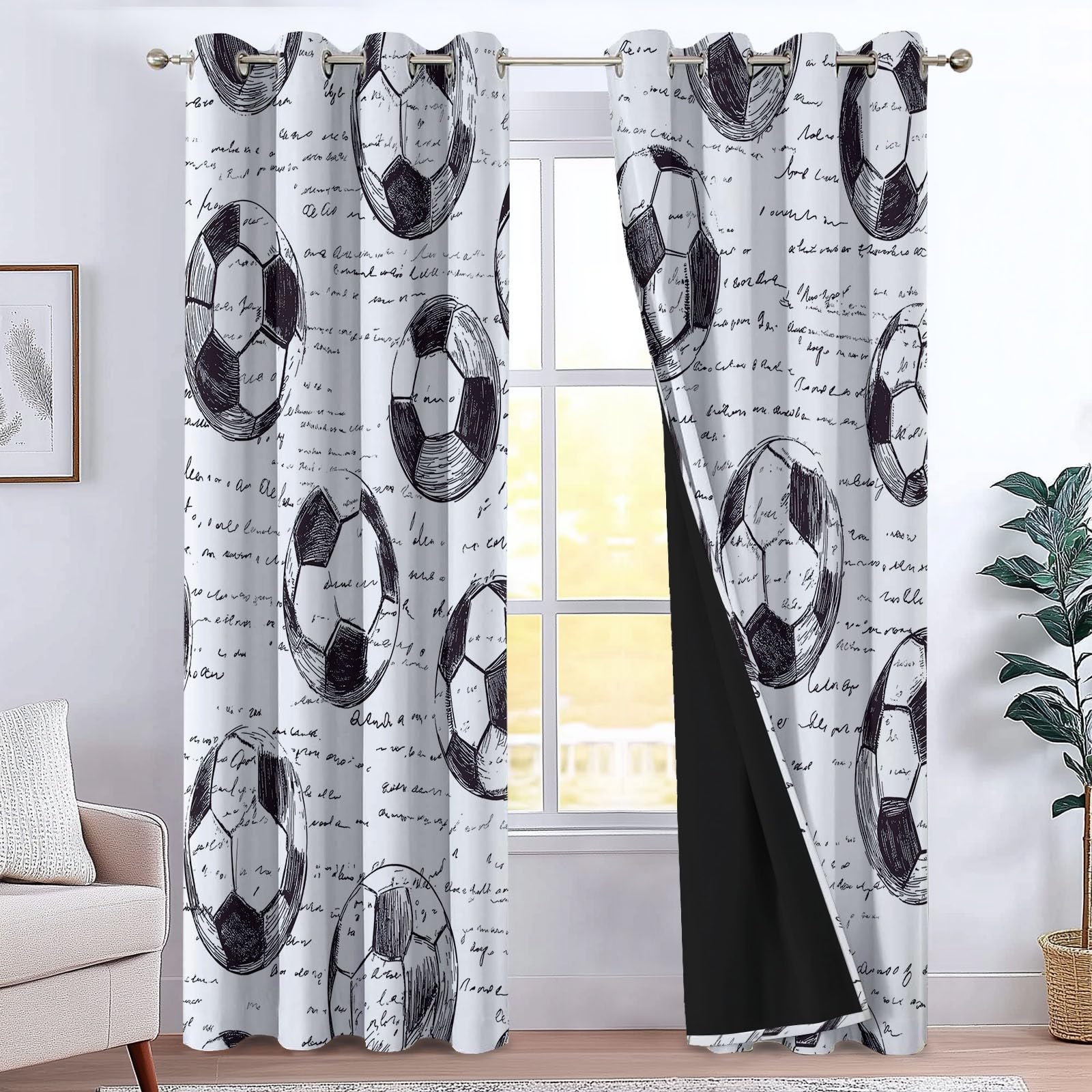 Cortinas Salon Opacas Patrón Fútbol Dibujado A Mano, Cortinas de Ojales Dormitorio para Niños 2 Piezas Suave En Blanco Y Negro Termicas Curtain para Habitación Decor Ventana, 2x140x245 cm