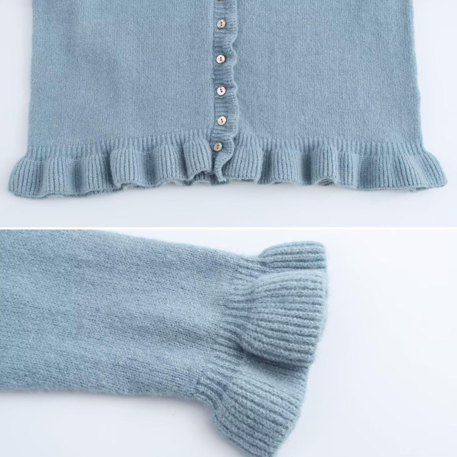 FindThy Women’s Cropped Cardigan Sweater Trendy Crewneck Ruffle Long Sleeve Button Down Knitwear Tops - Image 4