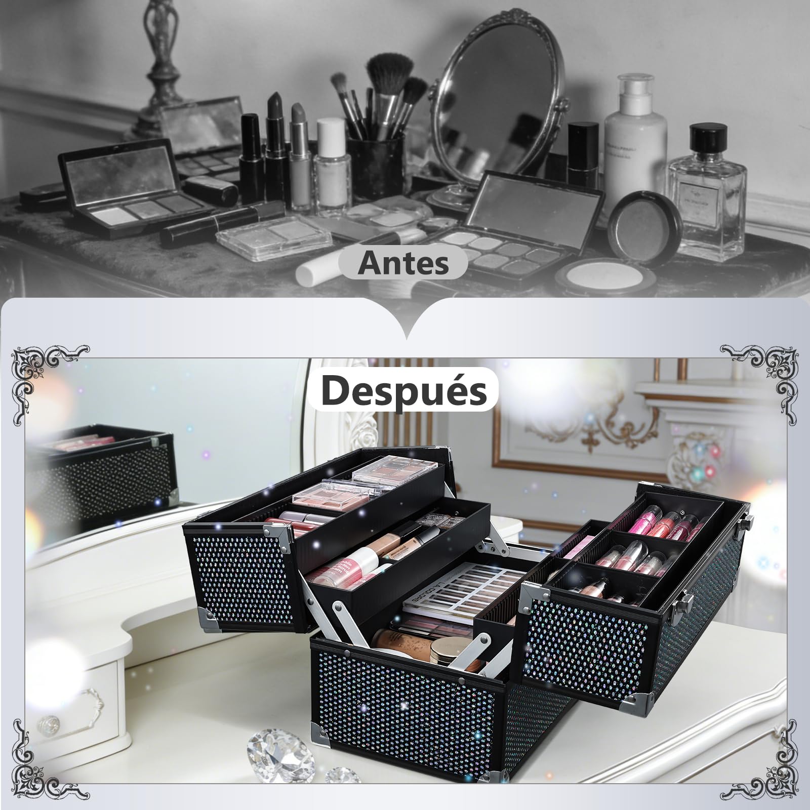 Maletín Profesional de Maquillaje, Maletín de Manicura y Peluquería,Caja de Almacenamiento, Marco de Aluminio, Cierre de Seguridad y Correa Ajustable, Negra