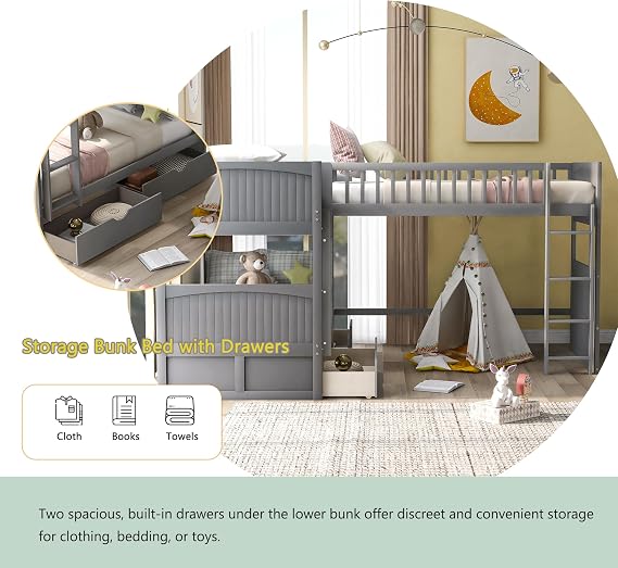 Bellemave Wood Triple Bunk Bed with Drawers, L-Shaped Bunk Beds for 3, Twin Over Twin Bunk Bed with a Loft Bed Attached for Kids, Teens, Adults (Grey)