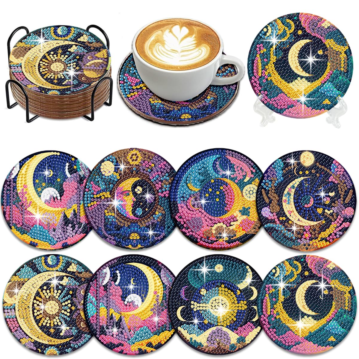 Muzagroo Art Diamond Painting Coasters Set for Adults Moon Diamond Art Kits for Beginners Stress Reducing Craft Coasters with Holder 8pcs(Moon)