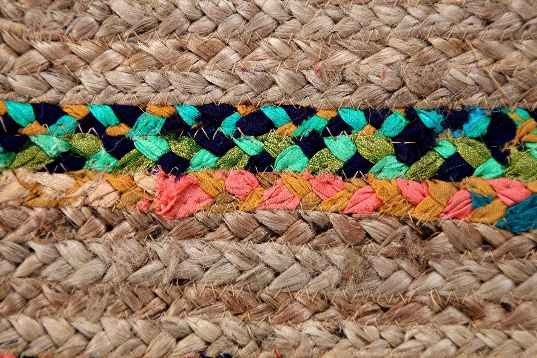 Fiesta Eco Friendly - Tappeto quadrato intrecciato a righe spesse a trama piatta, in iuta naturale e materiale riciclato multicolore, 150 x 150 cm