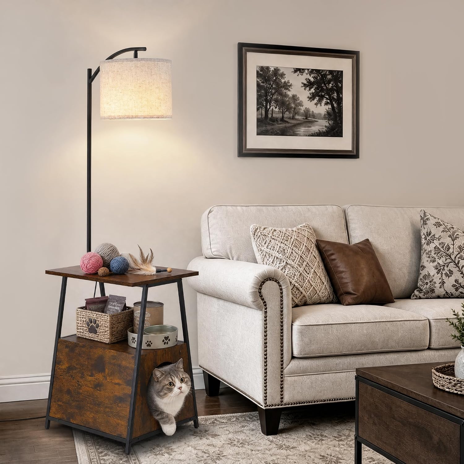 Floor Lamp with Table,Night Stand with Lamp,Side Table with Cat Scratcher image 3