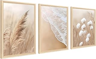 3Pcs Strand am Meer Strand Leinwand Bilder Set Mit Rahmen Pampasgras Schilf Löwenzahn Bild Poster Boho Beige Wandbilder Wohnzimmer Schlafzimmer Badezimmer Wanddeko 30x40cm x3pcs (Kein Plexiglas)