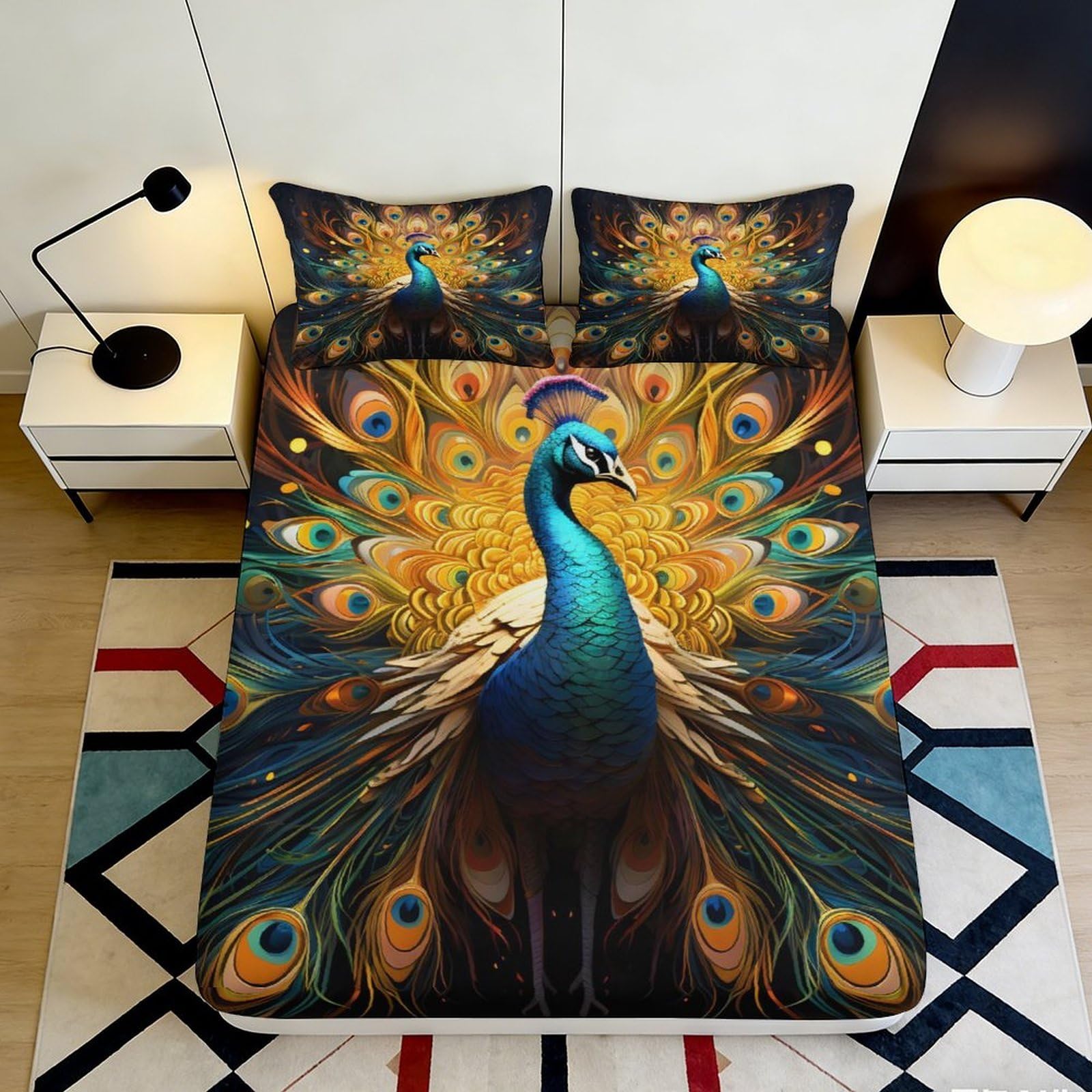 3D Printed Peacock Feather Fitted Sheet Microfiber Soft Touch Colorful Bird Bed Cover for Bedroom Guest Room Decor 90x200x25cm
