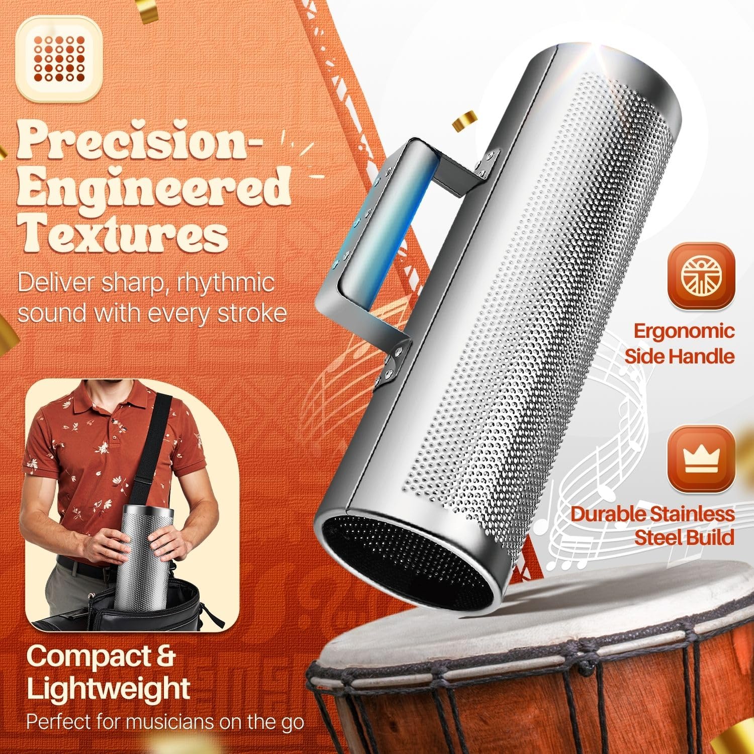 Flexzion Guiro in metallo con raschietto Shack 10,2 x 30,5 cm, cilindro rotondo in acciaio inox, strumento a percussione latina con manico, strumento musicale per jazz, concerti, spettacoli dal vivo