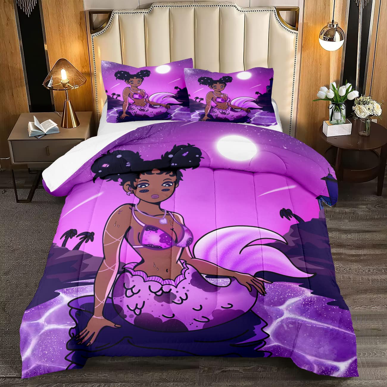 African Black Girl Comforter Set Cute Mermaids Princess Bedding Set Little Mermaid Print Purple Twin Comforter Set Birthday Gift for Girls Kids Women 1 Comforter + 1 Pillowcase