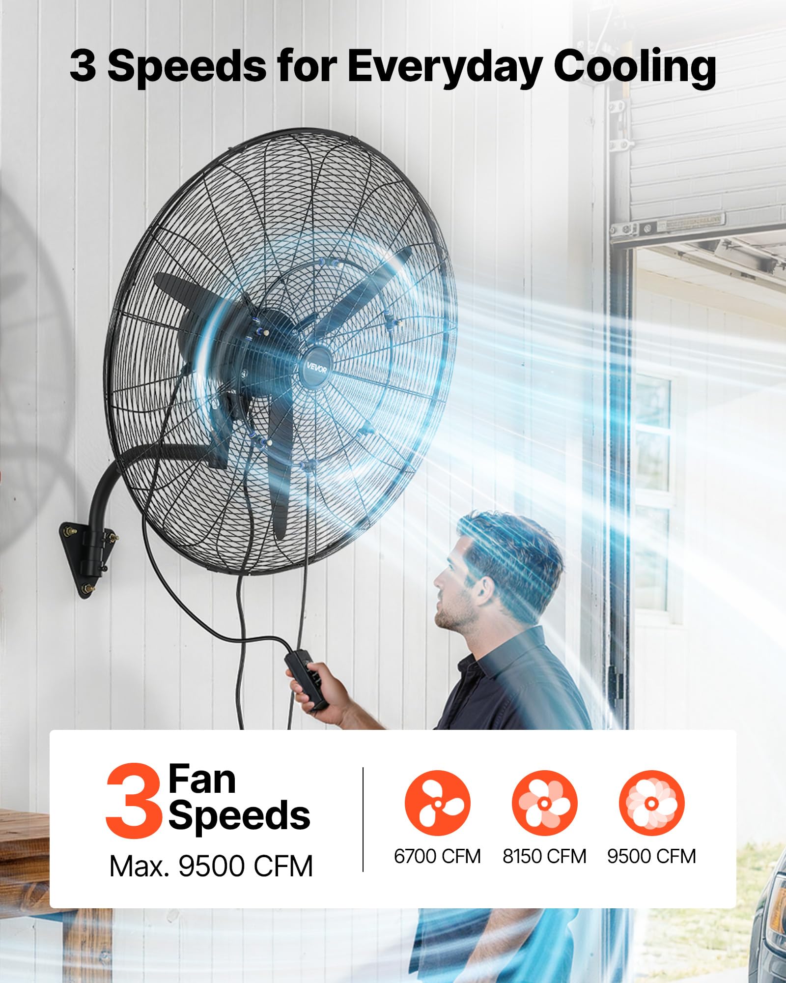 VEVOR Ventilateur Mural Industriel Brumisateur 76 cm, Ventilateur Oscillant pour Atelier, Garage, Entrepôt et Salle de Sport, Protection IP44, 3 Vitesses, Angle Réglable, Pales en Alu, Grille en Acier