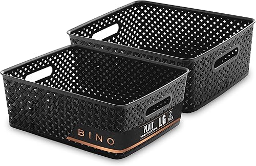 Bino Cesta de almacenamiento de plástico grande negro THE PLAIT COLLECTION Multiusos, duraderas, para cajones y armarios para organizar despensa,
