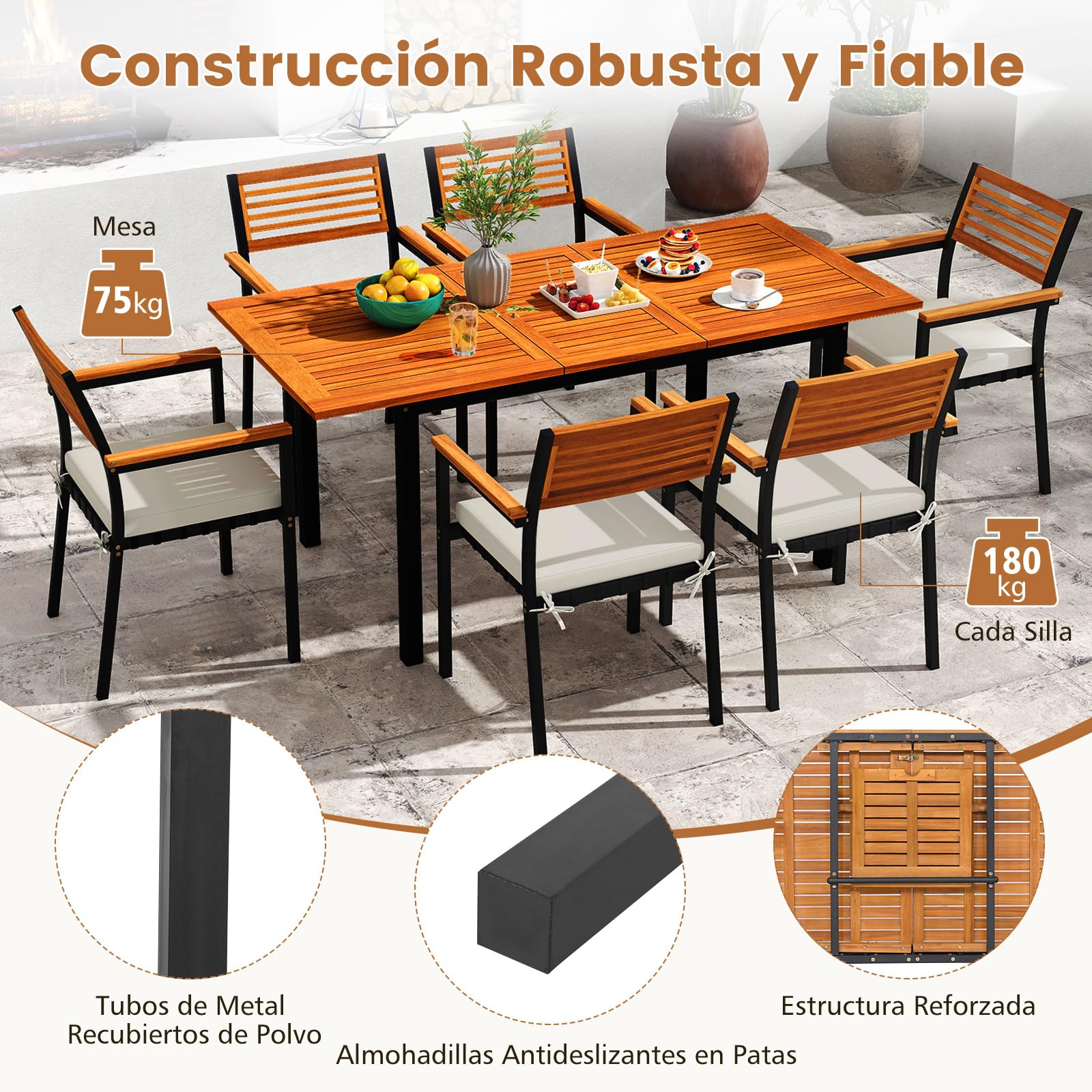 COSTWAY Conjunto Jardín Exterior de 7 Piezas, Madera Acacia, Muebles de Comedor con Mesa Extensible,6 Sillas Apilables，Cojines Extraíbles，Mesa y Sillas Jardin Patio Terraza Balcon