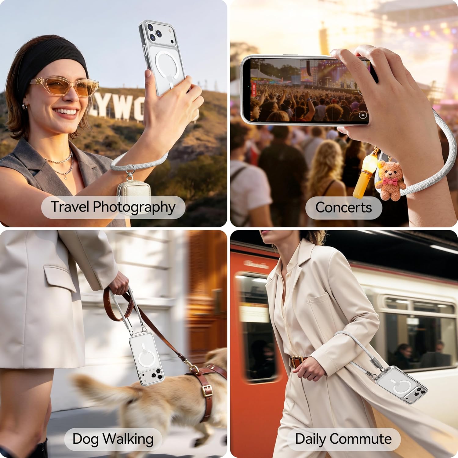 CASEKOO 2026 New Linkoo Glossy Magnetic iPhone 17 Pro Max Case with Strap, Patented ClipSafe: Built-in Foldable Hidden Tab, Anti Theft Lanyard, Aluminum Alloy Lens Protection, Clear Back Case, Silver