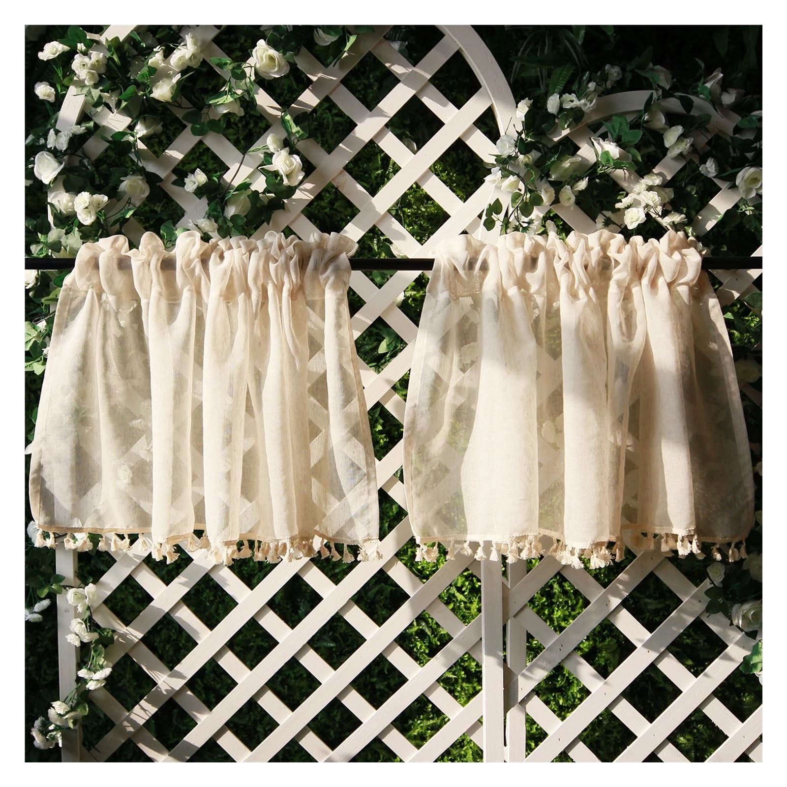 MKYYIOED Short Curtains Vintage Linen Window Drapes Tassels Sheer Cream Beige Tier Curtains Cafe Kitchen Net Short Panels Rod Pocket Valance(2 Panel,150X40CM)