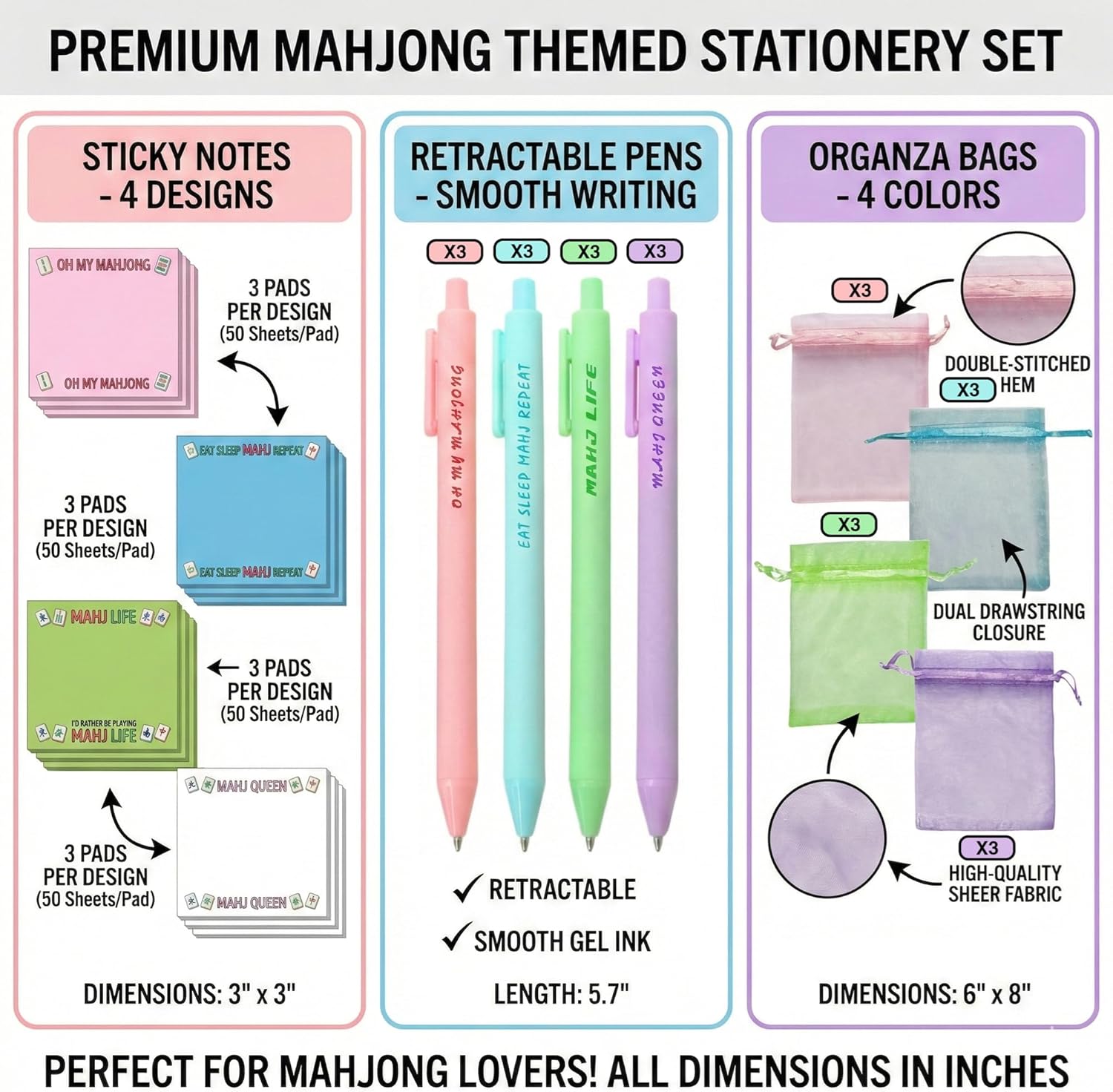 36 Pcs Mahjong Party Favors,12 Set Mahjong Sticky Notes Ballpoint Pens Organza Bags, Mama Nana Mothers Day Funny Mahjong Lovers Gift, Mahjong Accessories for Club Prizes, Birthday, Hostess Gift Ideas
