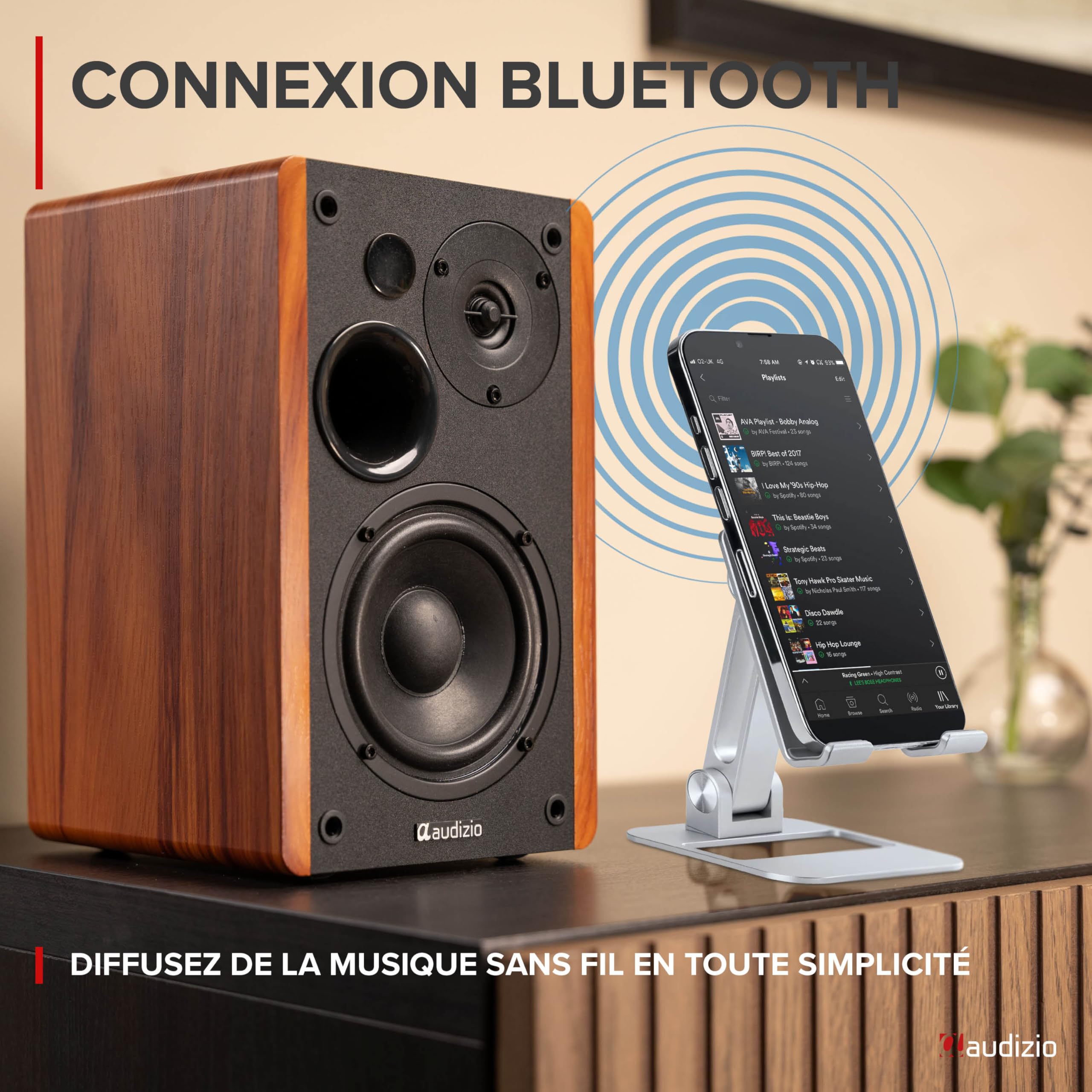 Audizio KS01 Enceintes Hi-FI Bibliothèque Actives 80W avec BT 5.0, Woofer 4" et Tweeter 1,25", Réglages Graves et Aigus, DSP avec Préréglages, Finition Bois Élégante