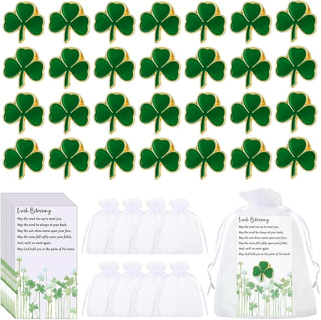 Green three-leaf clover lapel pin favors with gift bags