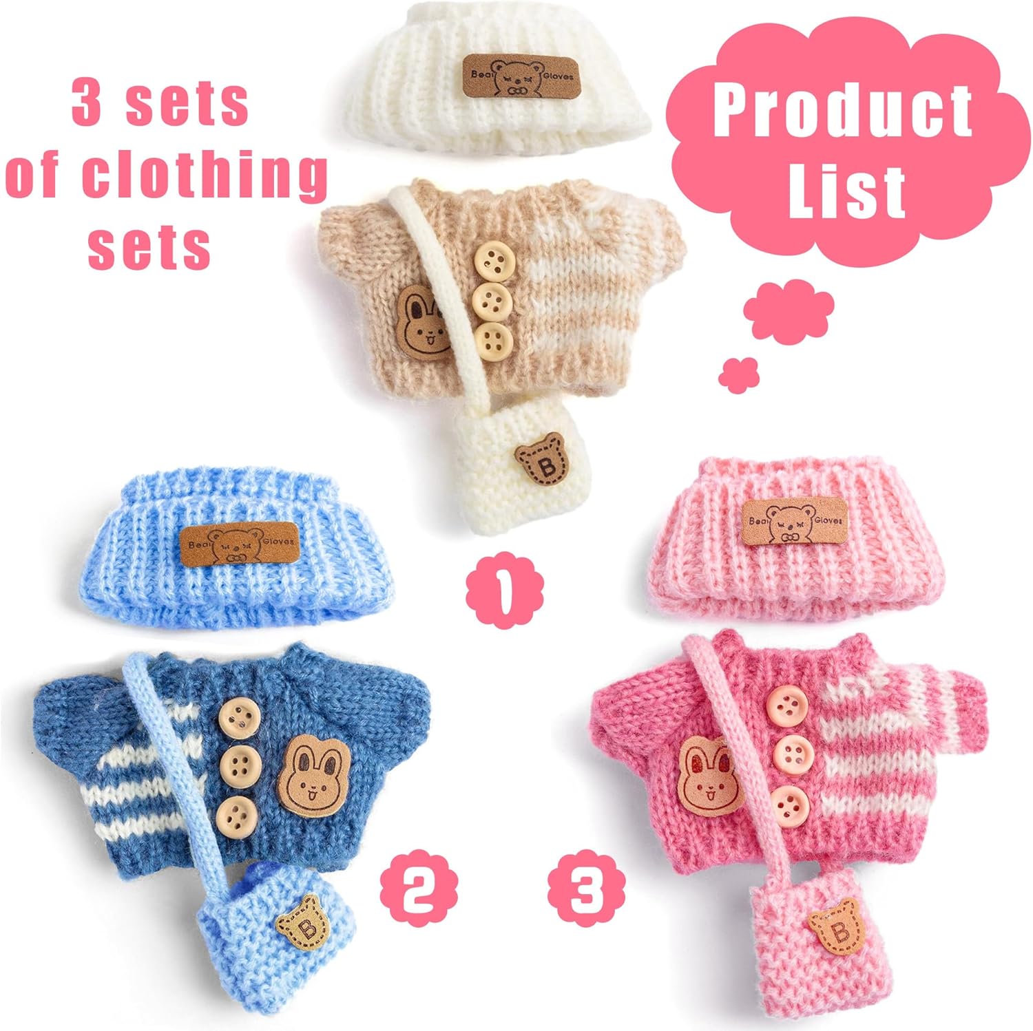 iBayda Total 3 Sets Knit Doll Clothes Accessories for 17cm Dolls Include: 3 Hats, 3 Sweaters, 3 Bags- Soft & Stylish Costume Accessories (Doll and Glasses are Not Icluded)