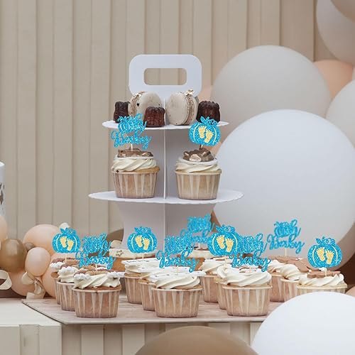 Miniatura 5 de Gyufise 24 piezas de calabaza Oh Baby Cupcake Toppers Glitter Boy Baby Shower Calabaza Cupcake Picks Baby Feet Decoraciones para pasteles temáticos