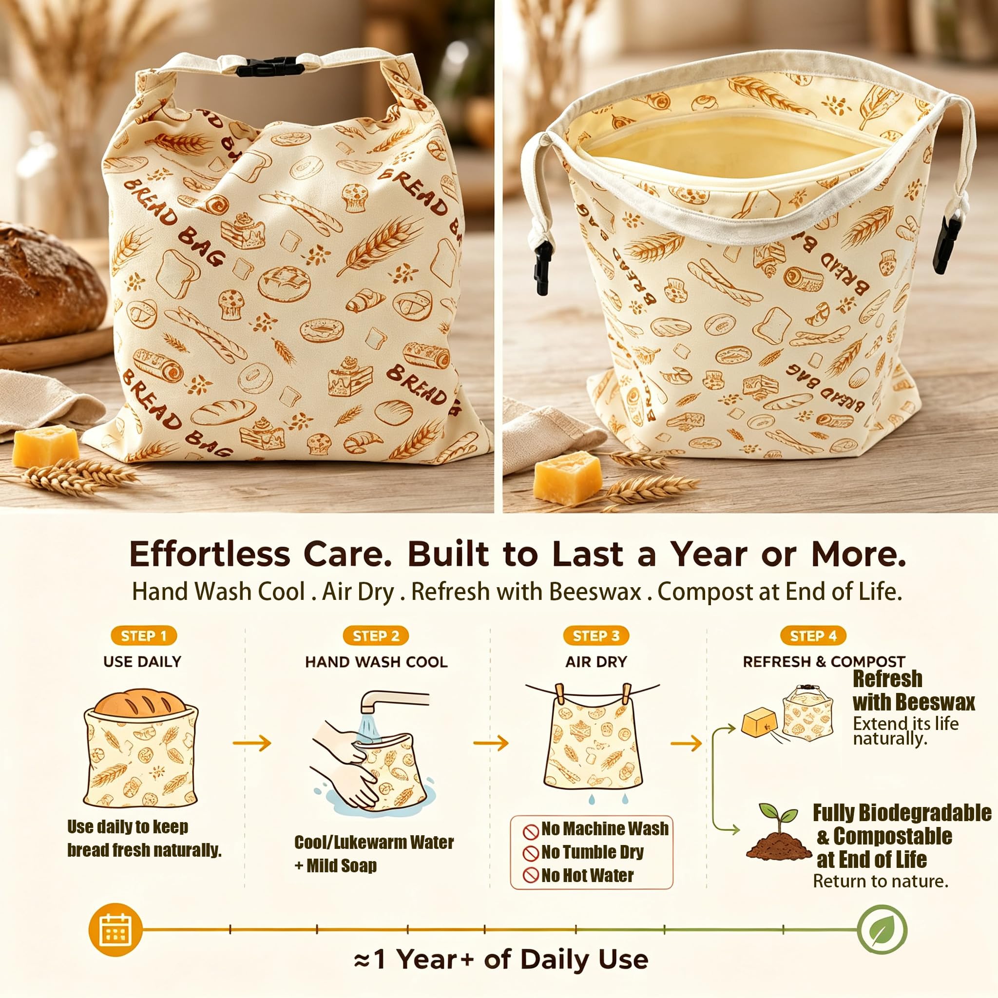 Sacchetti per pane in cera d'api riutilizzabili in cotone biologico per pane fatto in casa, 43 x 33 cm, in cera d'api naturale, ecologici, di grandi dimensioni, con cerniera, per pasta madre
