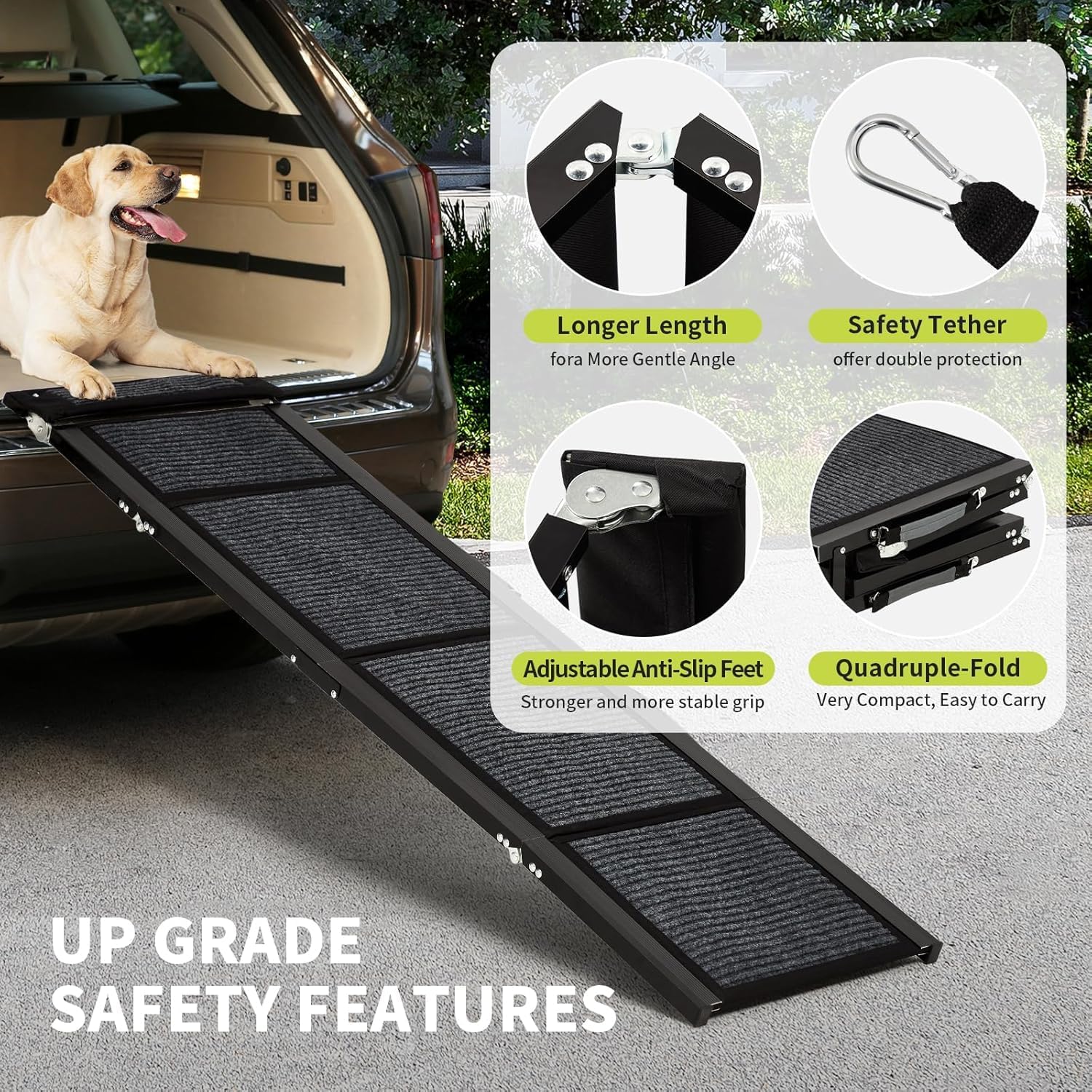 Garvee Rampa para Perros Plegable 180 x 43 cm, Aleación de Aluminio de 1,3 mm y Superficie Antideslizante de Tela No Tejida, Acceso para Coche SUV Camión Sofá y Cama, Portátil