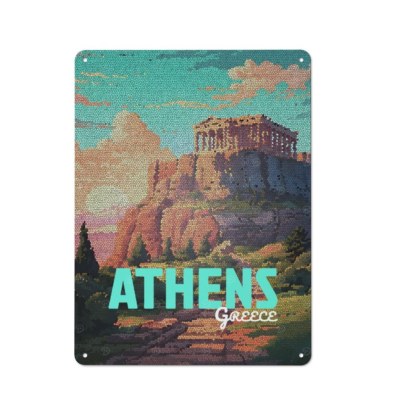 Junmoney Style-7 Tin Wall Plaque 40X30cm With Athens Greece Mosaic Art For Guest Room Or Hallway, A Decorative Christmas Gift For Home Decor Collectors