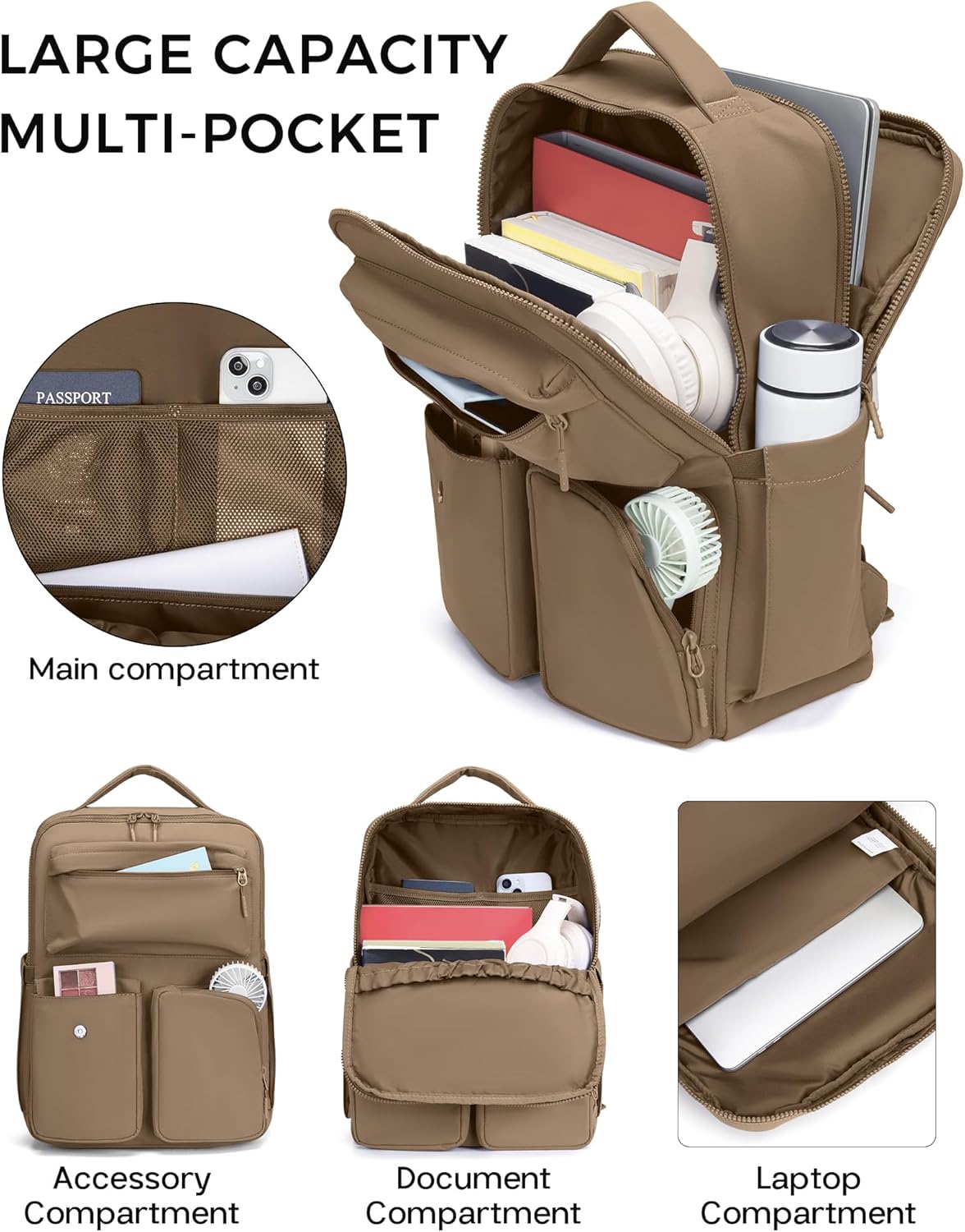 FODOKO Backpack for Work, Casual Backpack for Women Men Daypack Backpack for Travel College Bookbag Separate Compartment for 15.6 Inch Notebook Brown