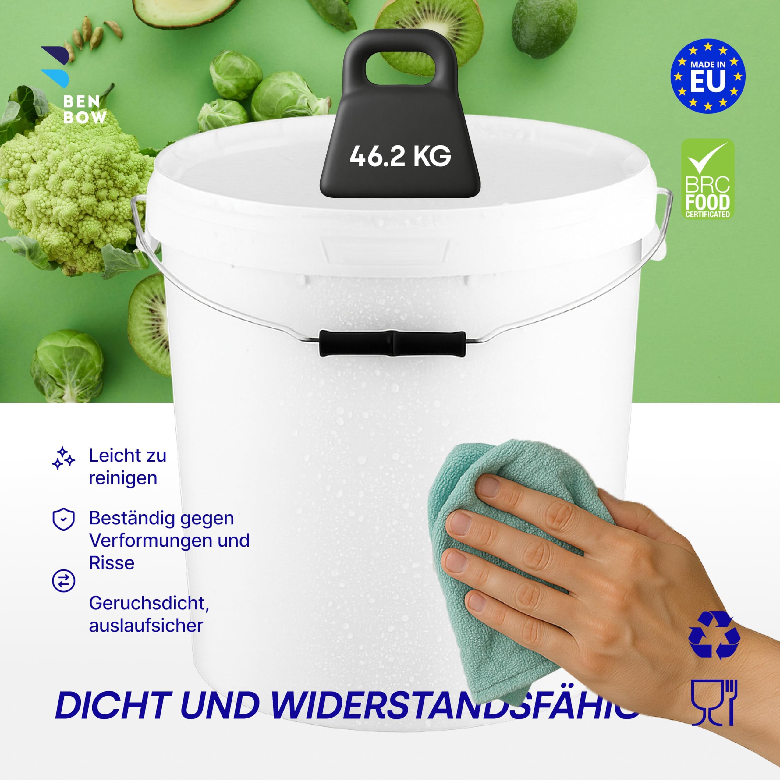 BenBow - Cubo con Tapa, 5 x 30 litros Color Blanco - Apto para Alimentos Estable hermético a Prueba de Fugas Inodoro - Recipiente de plástico con Mango de Metal - vacío - contenedor de - Domicilio