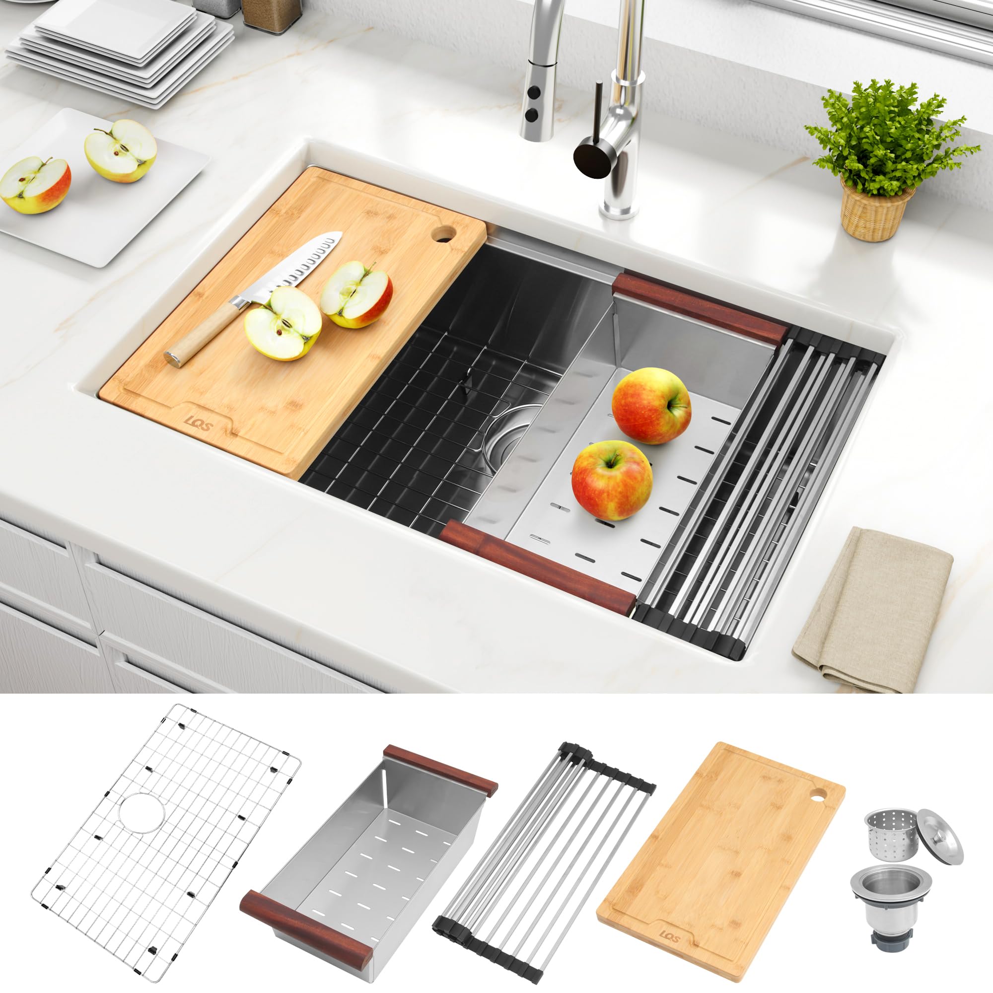 LQS 32 Inch Undermount Kitchen Sink, 32” x 19” Stainless Steel Kitchen Sink, Undermount Sinks, Handmade Deep Single Bowl Sinks with R10 Round Corner and Abundant Accessories