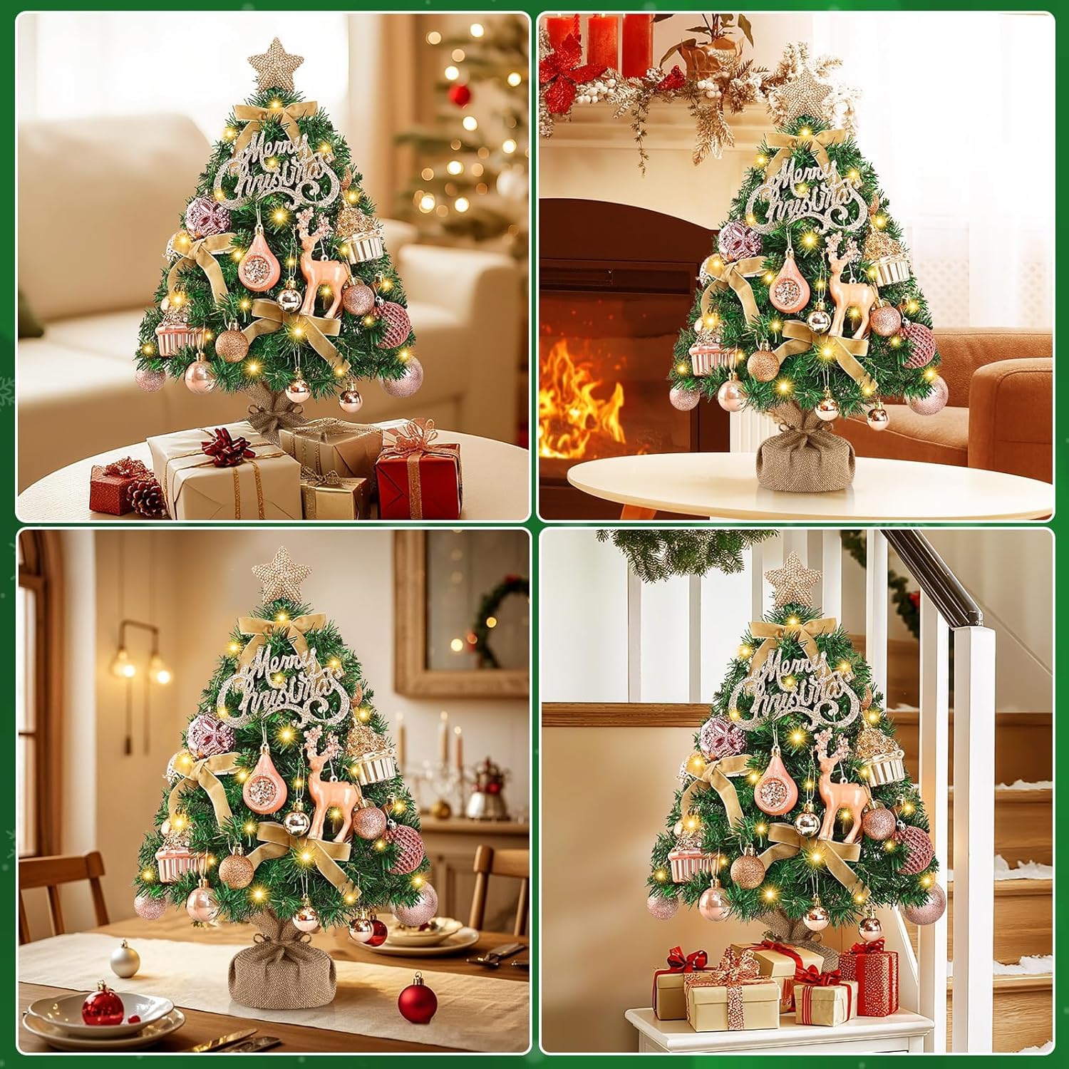 Livole 2 FT Small Christmas Tree, Mini Christmas Tree with Lights, Mini Tabletop Full Xmas Trees with 35 PCS Pink Ornaments, Merry Christmas, Xmas Tree for Table DIY Christmas Decor