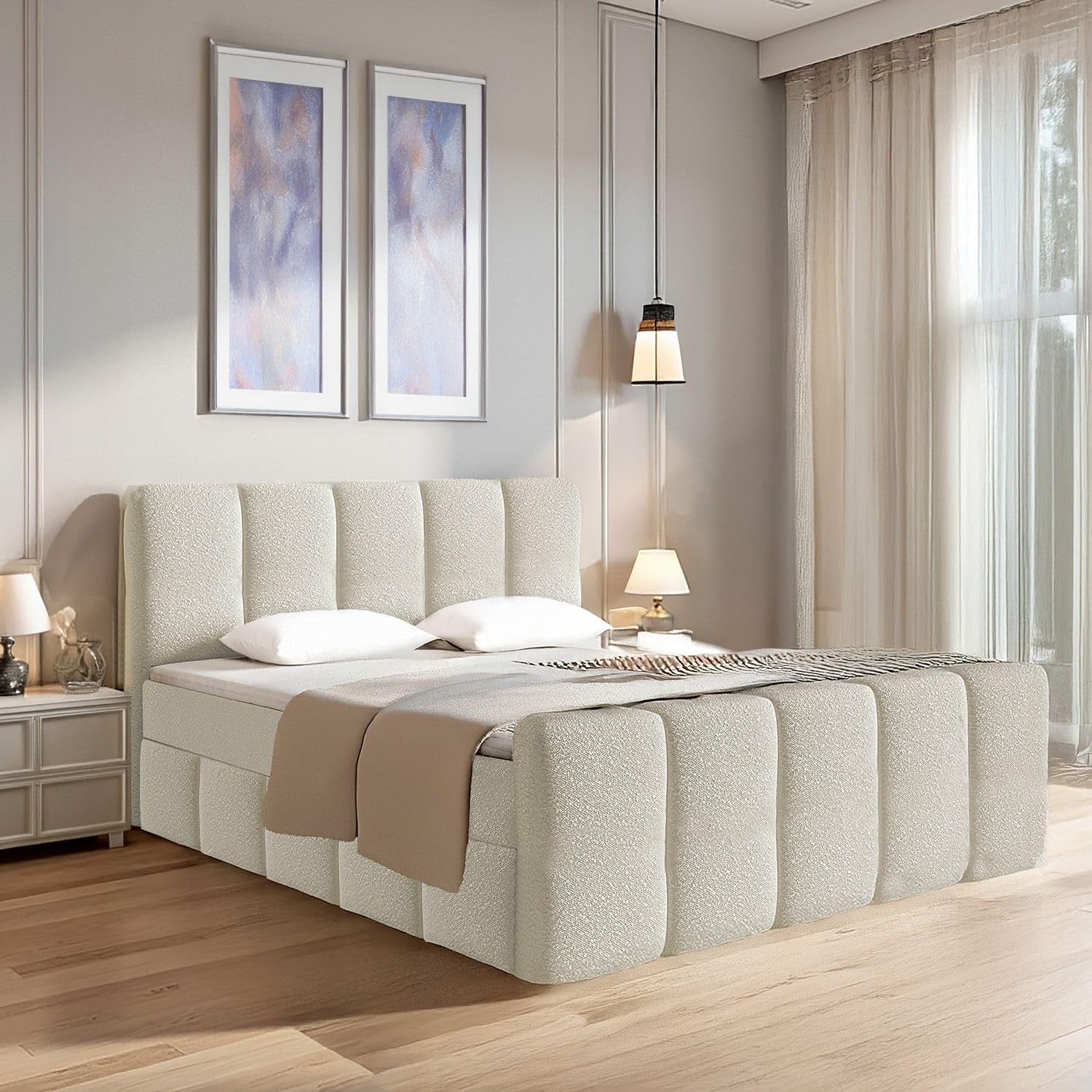 Juskys Boxspringbett Manitoba 180 x 200 cm – Bouclé-Stoff, gepolstertes Kopfteil, Topper inklusive, Beige