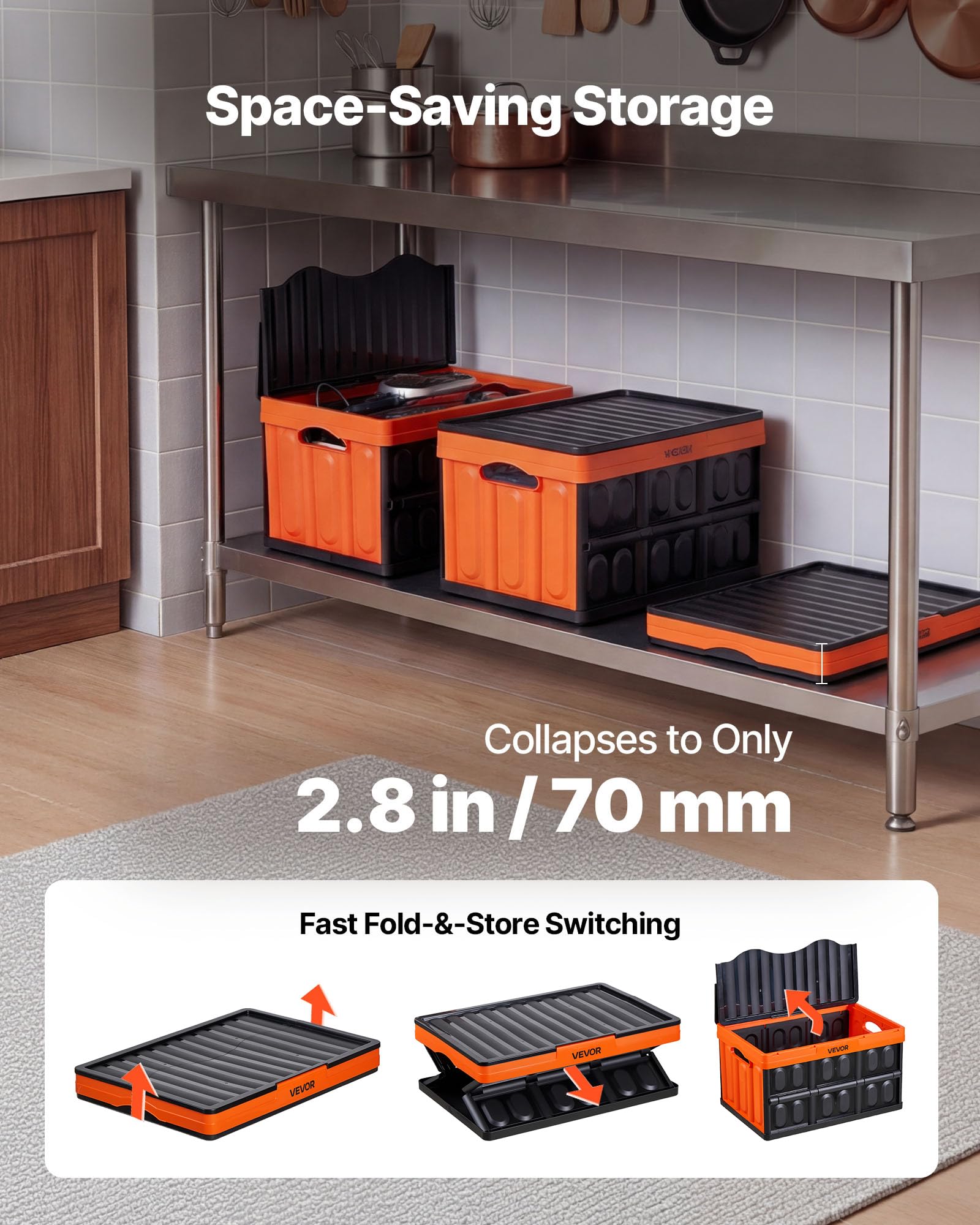 VEVOR Klappbox 45 L 3er-Pack, Faltbare Aufbewahrungsboxen aus Kunststoff, Stapelbare Klappkörbe mit Deckel, Tragkraft 20 kg pro Box, Klappkiste, Ideal für Haushaltsorganisation, Orange & Schwarz