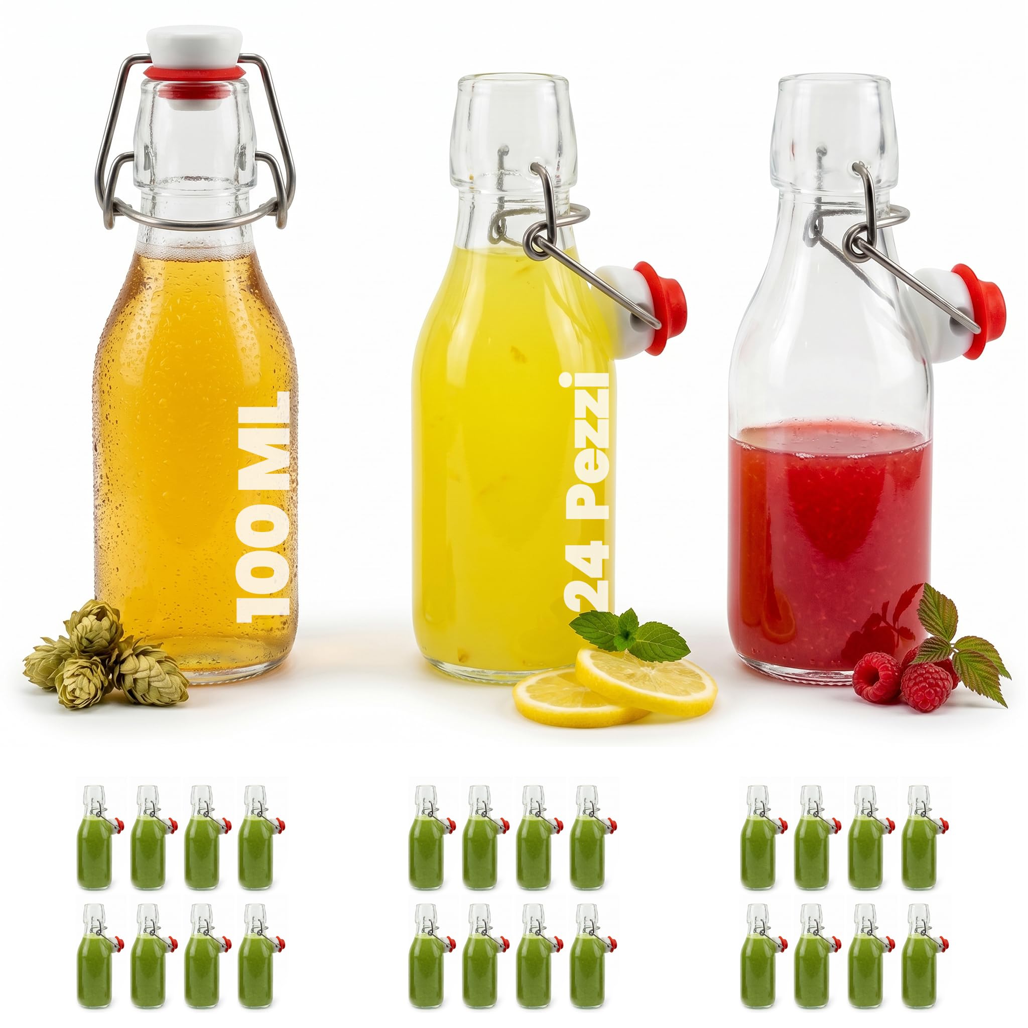24 bottigliette di vetro 100ml – Bottiglie piccole 100 ml per liquore con tappo a leva ermetico – Regali, conserve, fermentazione e aceto
