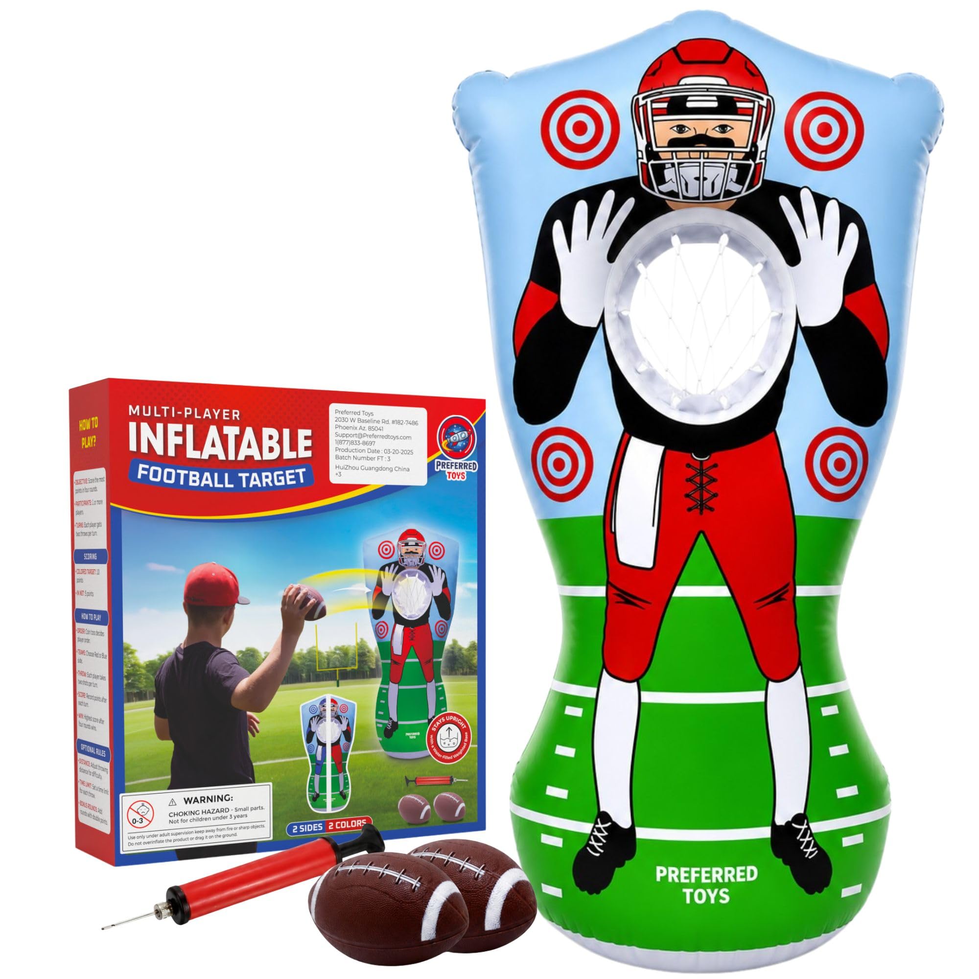 Preferred Toys 65” Inflatable Football Target Net Toss Game - Double-Sided Throwing Practice Football Stuff with Mini Balls - Backyard Tailgate Party Sports Toy for Kids &amp; Adults