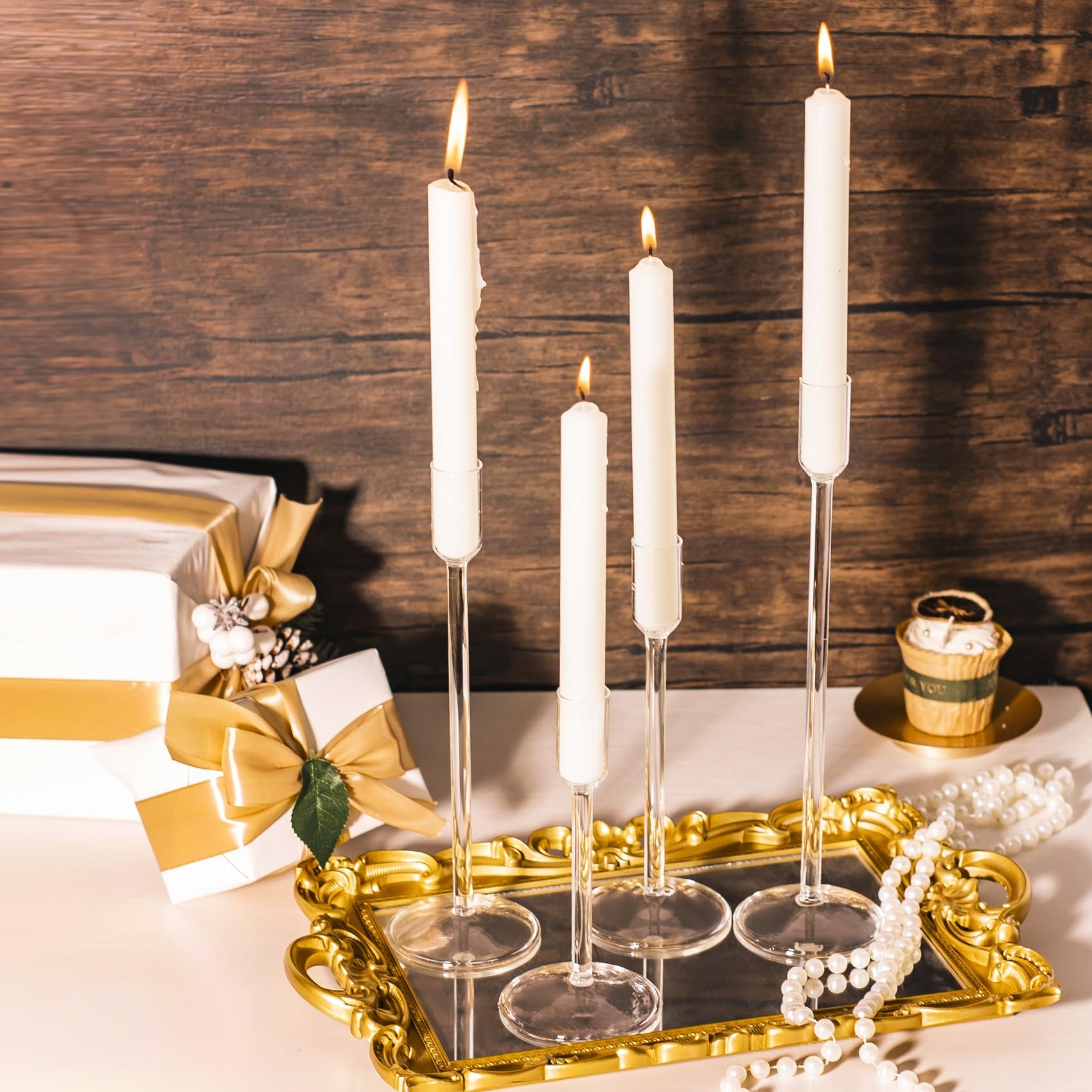 Set 6 Portacandele Conici In Vetro Trasparente A Coste 10,2 Cm – Eleganti Centrotavola Oro Per Matrimoni E Decorazioni