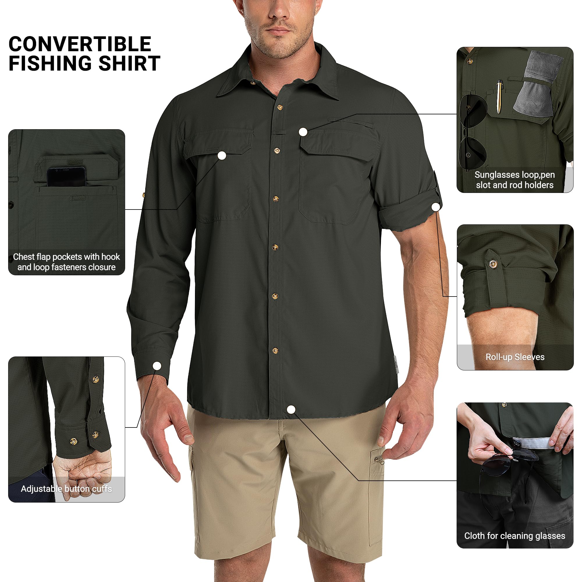 Outdoor Ventures Camicia da uomo a maniche lunghe, per attività all'aria aperta, ad asciugatura rapida, casual, traspirante, per primavera, estate, autunno, con tasche per escursioni, campeggio,