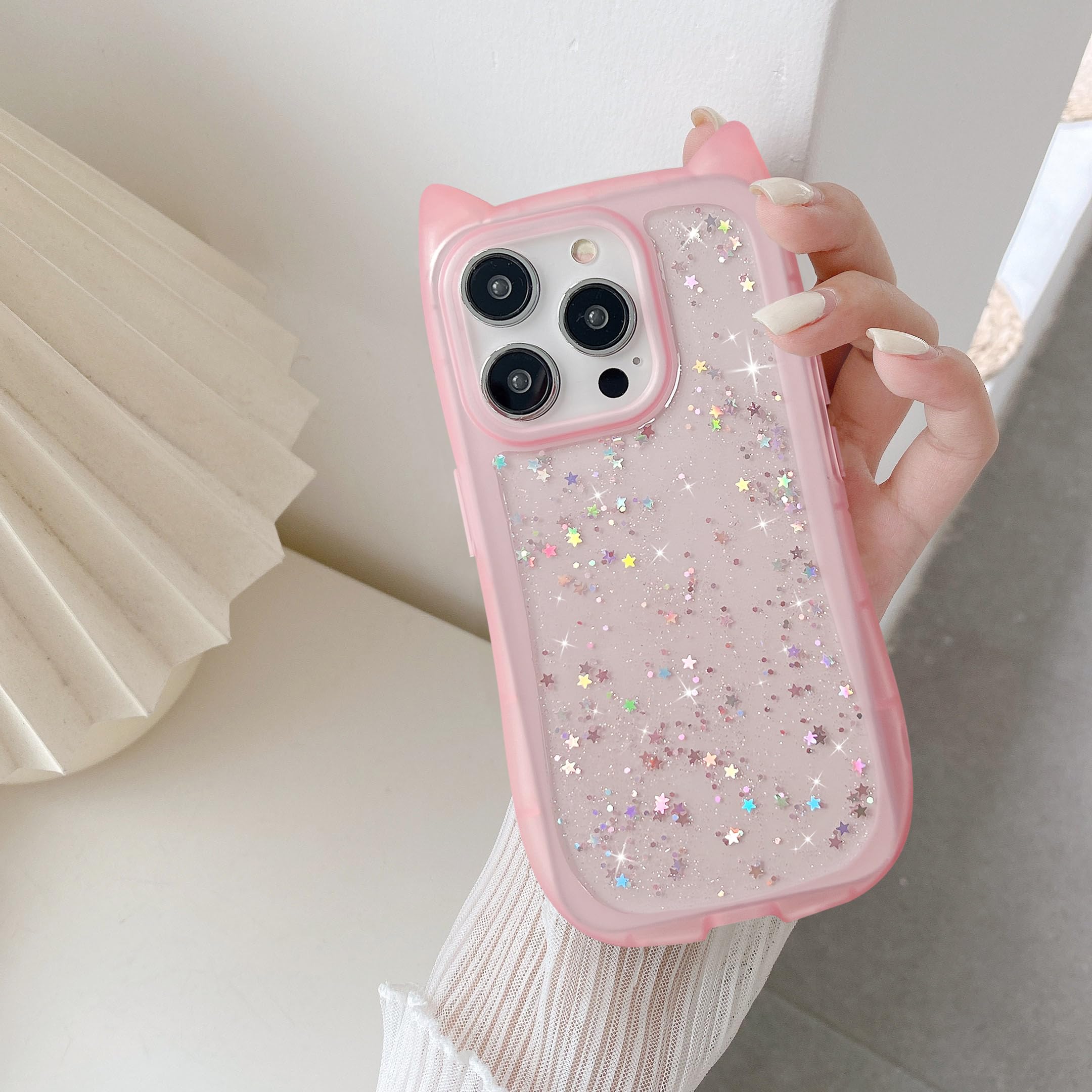 UEEBAI Case for iPhone 15 Pro Max 6.7 inch, Cute Glitter Bling Shine Candy Color Cat Shape Soft TPU Phone Case