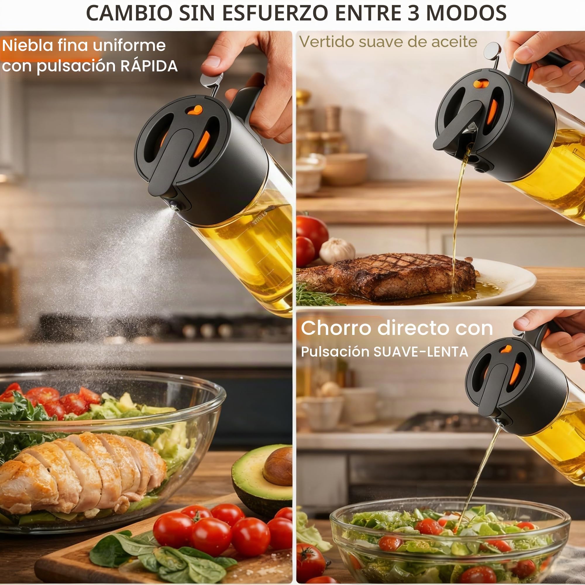 Costop Pulverizador profesional de aceite de vidrio de 500 ml, herramienta de cocina 3 en 1: niebla fina, flujo y vertido, diseño a prueba de fugas para freidora de aire, barbacoa y cocina, sin BPA