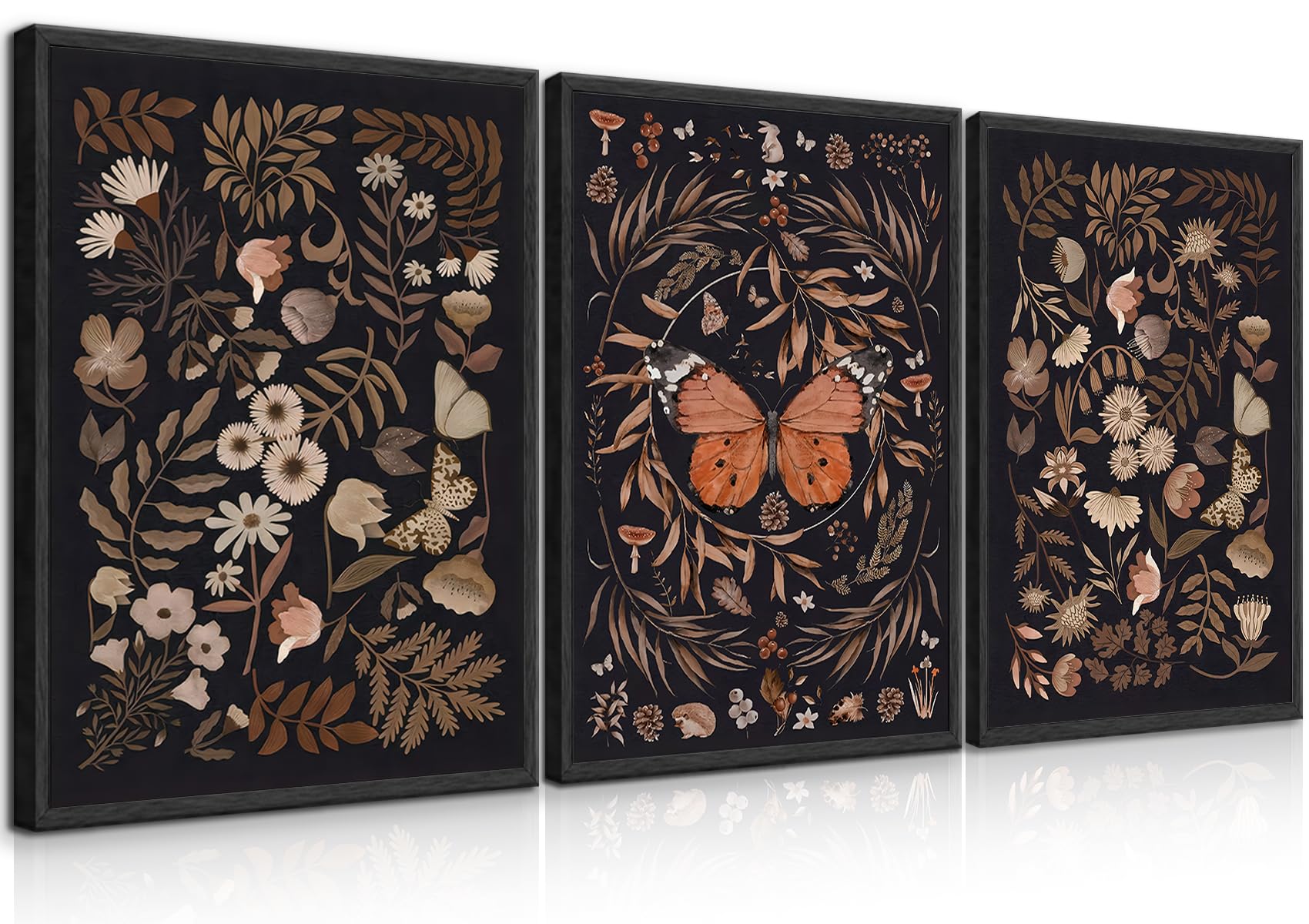 BJVJKSU Black Boho Floral Wall Art Vintage Minimalist Botanical Posters Moody Flower Butterfly Wall Decor Modern Nature Wildflower Prints Rustic