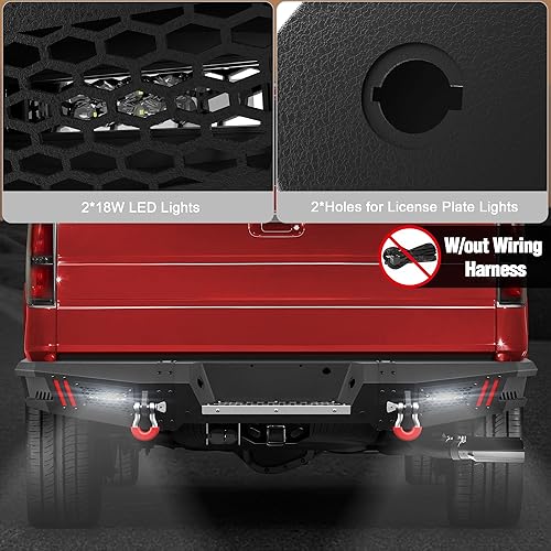 Miniatura 7 de Parachoques trasero compatible con Ford F-150 2009-2014, parachoques negro texturizado para camioneta F150 con placa escalonada de acero inoxidable,