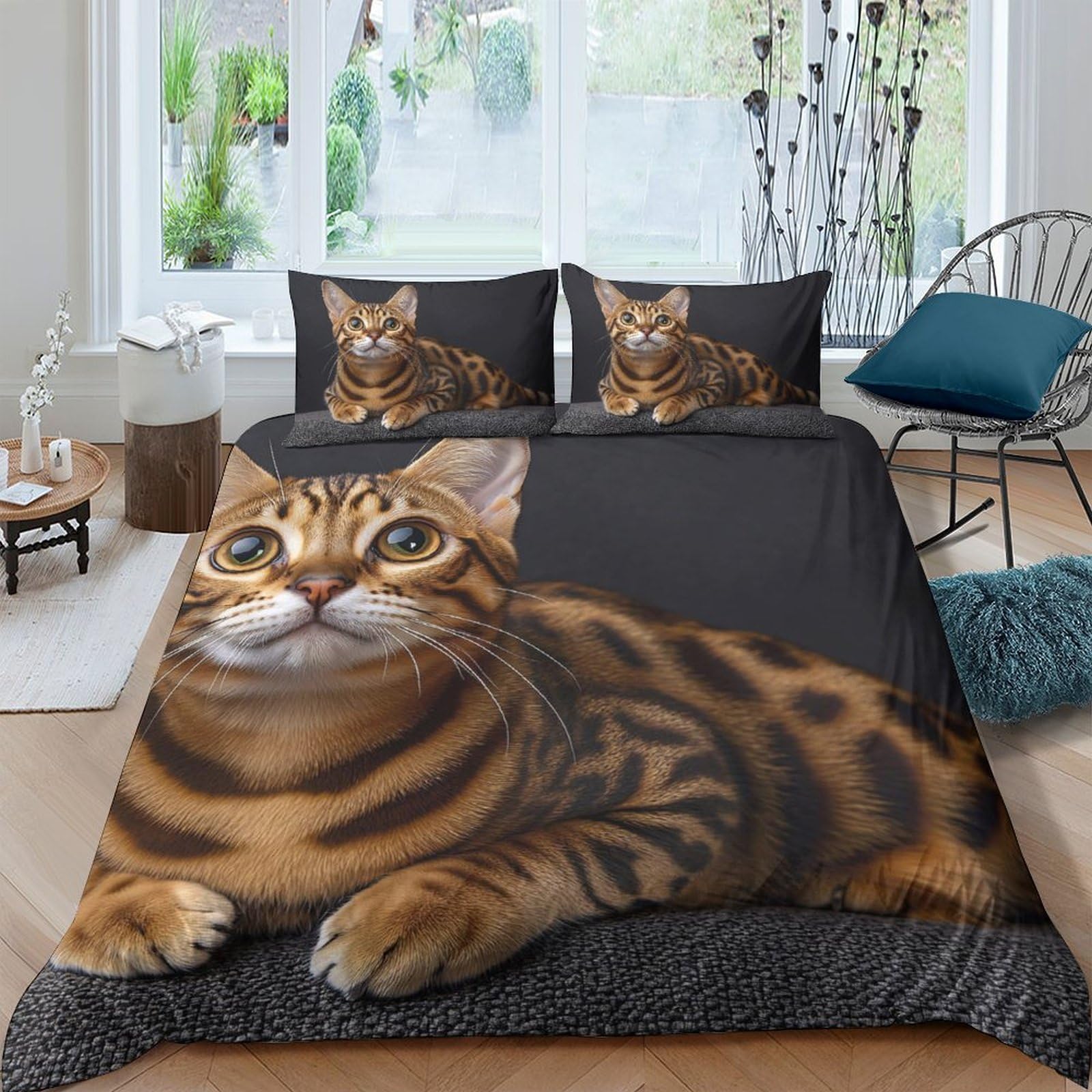 GPLZQXKJNH 3D Printed Bengal Cat Duvet Cover Microfiber Soft Breathable Tabby Cat Bedding Set with 2 Pillowcases for Bedroom Decor Single（135x200cm）