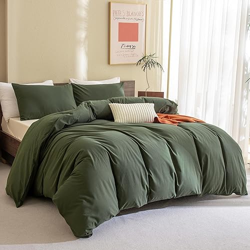 CozyTide Juego de edredón tamaño Queen, color verde oliva, 100% algodón, suave, color verde oscuro, juego de ropa de cama y colecciones de 3 piezas,