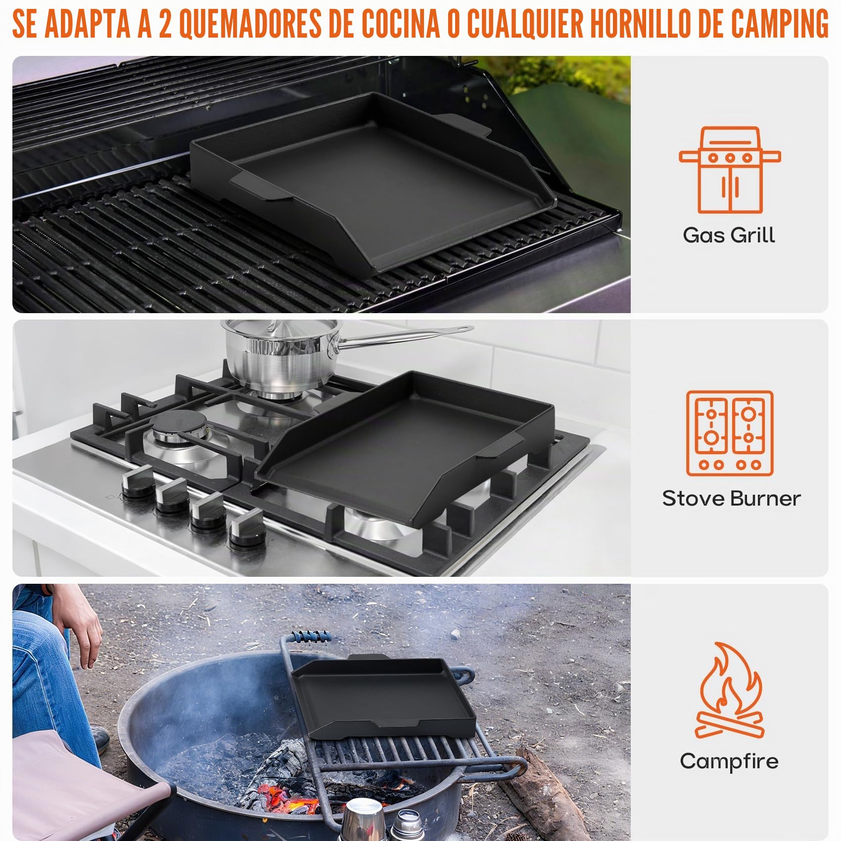 Onlyfire BBQ Griddle Plancha de Hierro Fundido Esmaltado, Placa de Parrilla con Paredes Laterales Extra Altas para Cocinas de Gas, Parrillas de Gas y Carbón, 46 x 31 cm x 6.5 CM