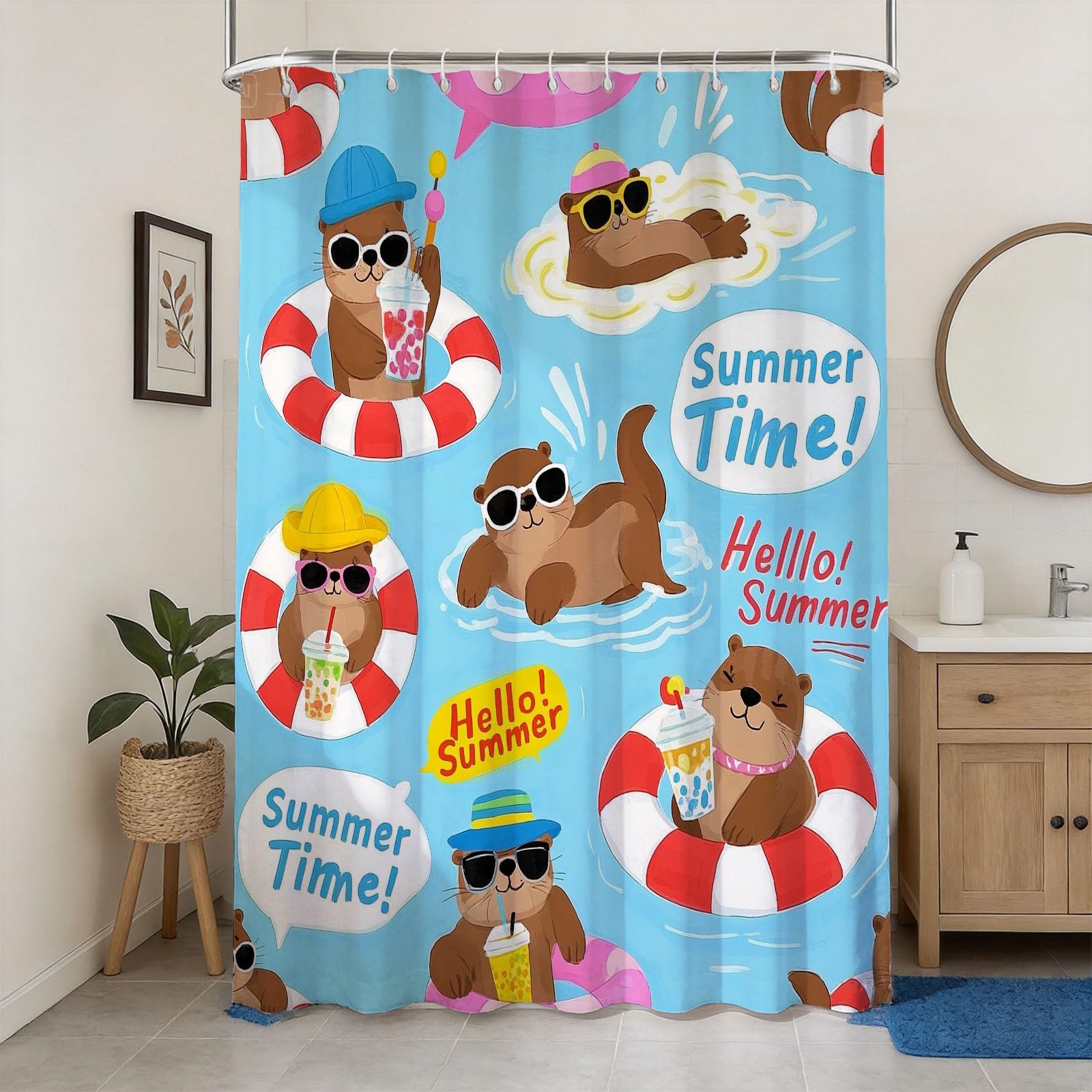 Hongduo 3D Summer Otter Shower Curtain for Stalls Bathtubs Summer Bathroom Decor Shower Curtain Set Polyester Fabric Waterproof 120x180cm/48X71 Inch with Hooks