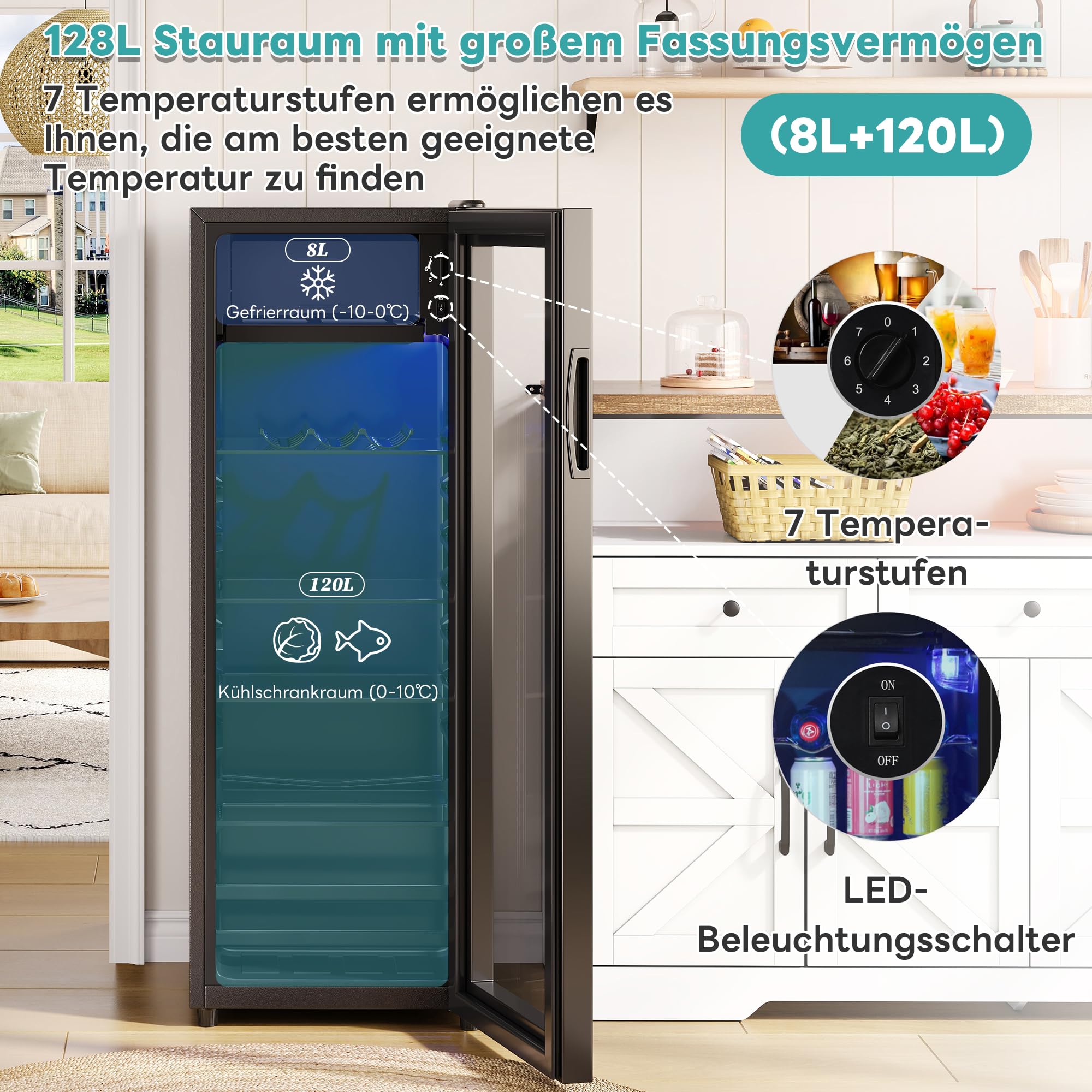 Merax Frigorifero 128L, freestanding, refrigeratore per bevande con frigorifero da 120 L + congelatore da 8 l, con illuminazione interna a LED e ripiani regolabili, super silenzioso per ristorante,