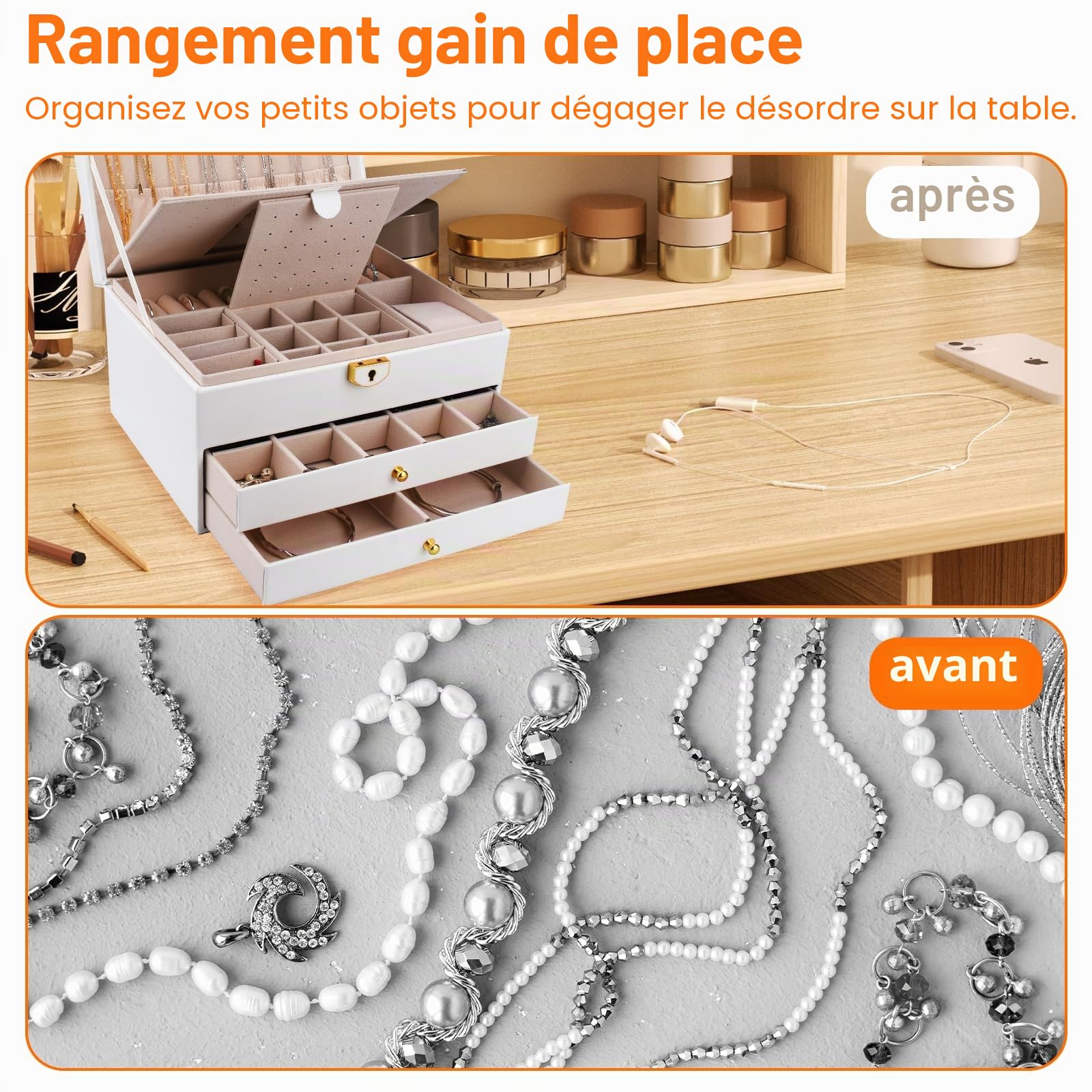 Boîte À Bijoux Pour Femme,3 Couches Boite Bijoux,Boite À Bijoux Femme,Bijoux Boite, Avec Coussins De Montre,Cadeau Pour Filles Et Femmes,Adapté Aux Boucles D'oreilles,Colliers,Montres